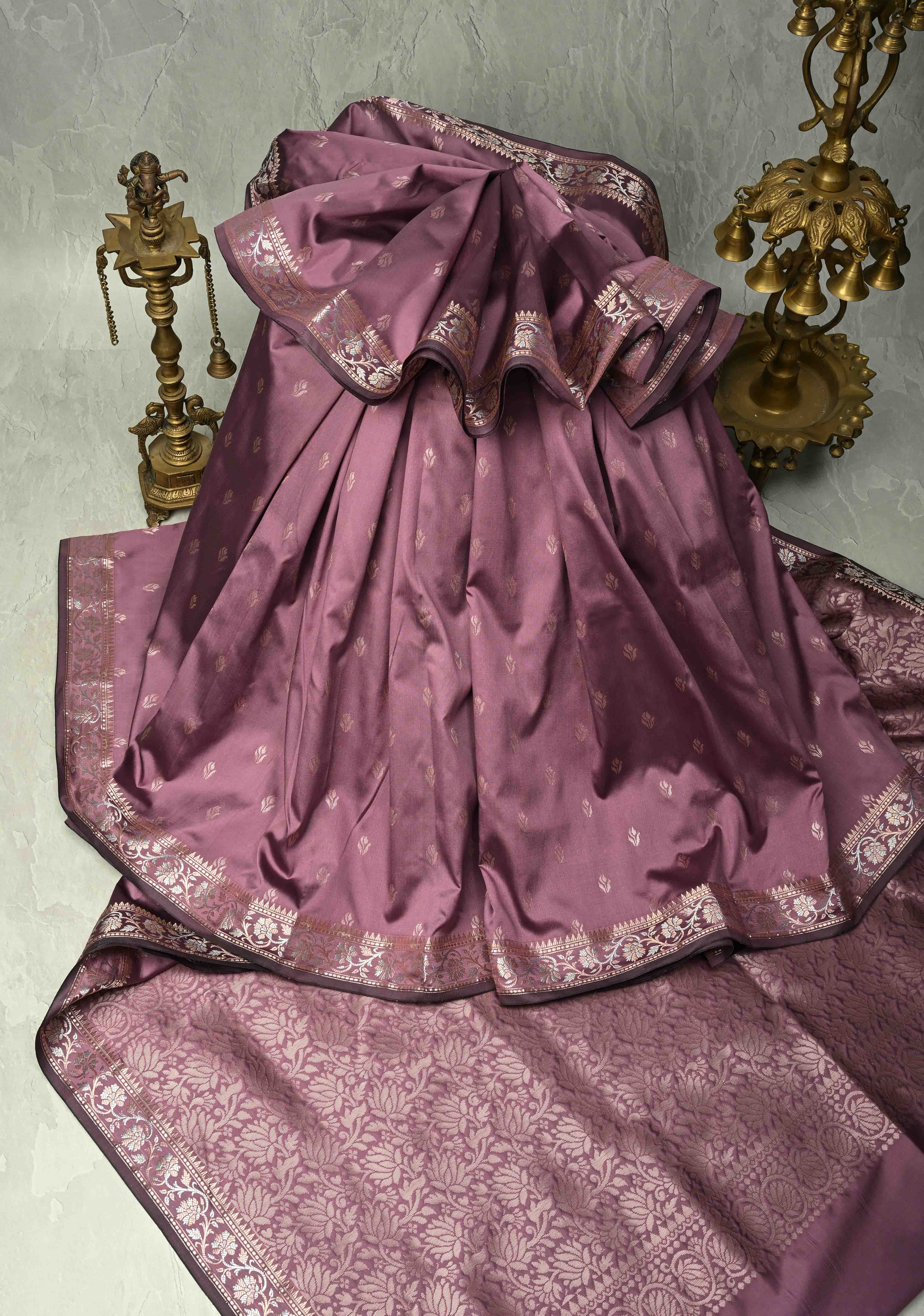 Dark Mauve Semi Silk Saree with Floral Buttas and Alfi Zari Border