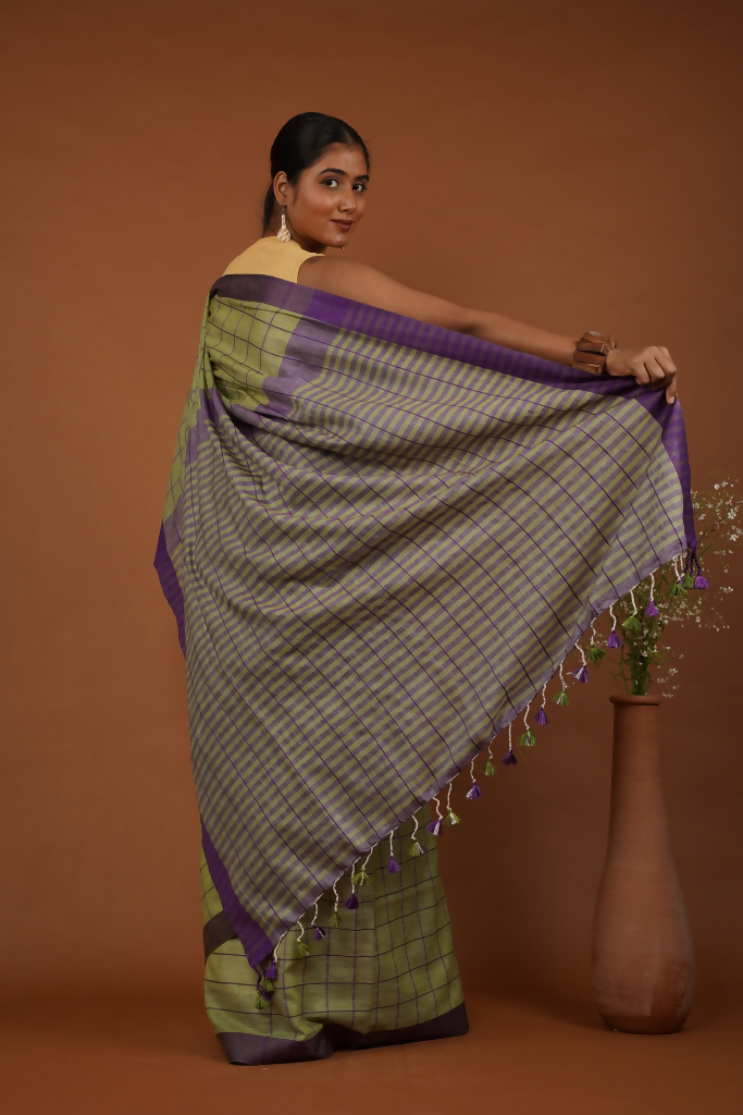 Vanika Rekha Handwoven Olive Green Cotton Saree | SHOBITAM