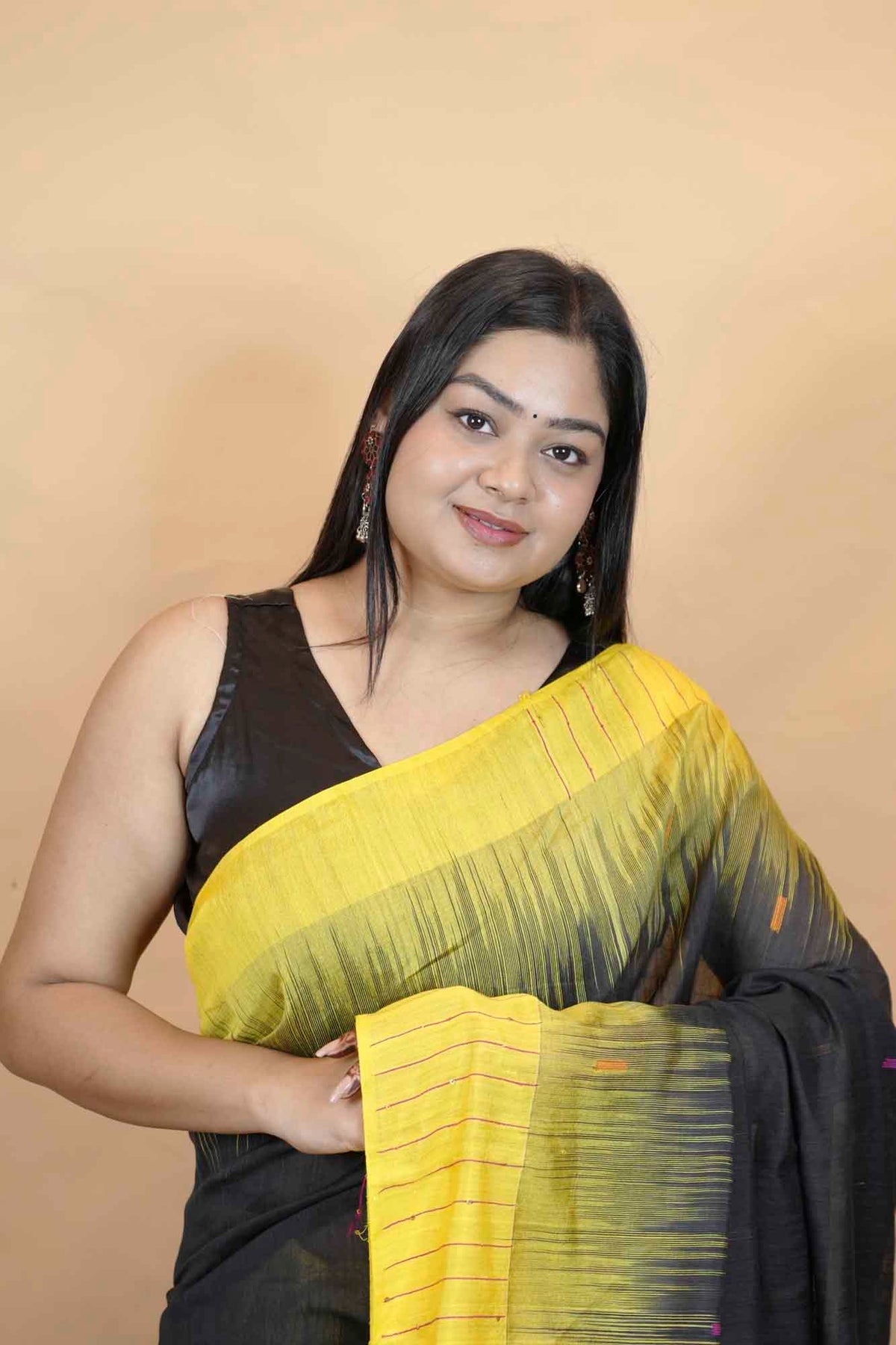 Exquisite Handloom Cotton Kothi with Ikkat Weaving & Temple Border Read To wear Saree
