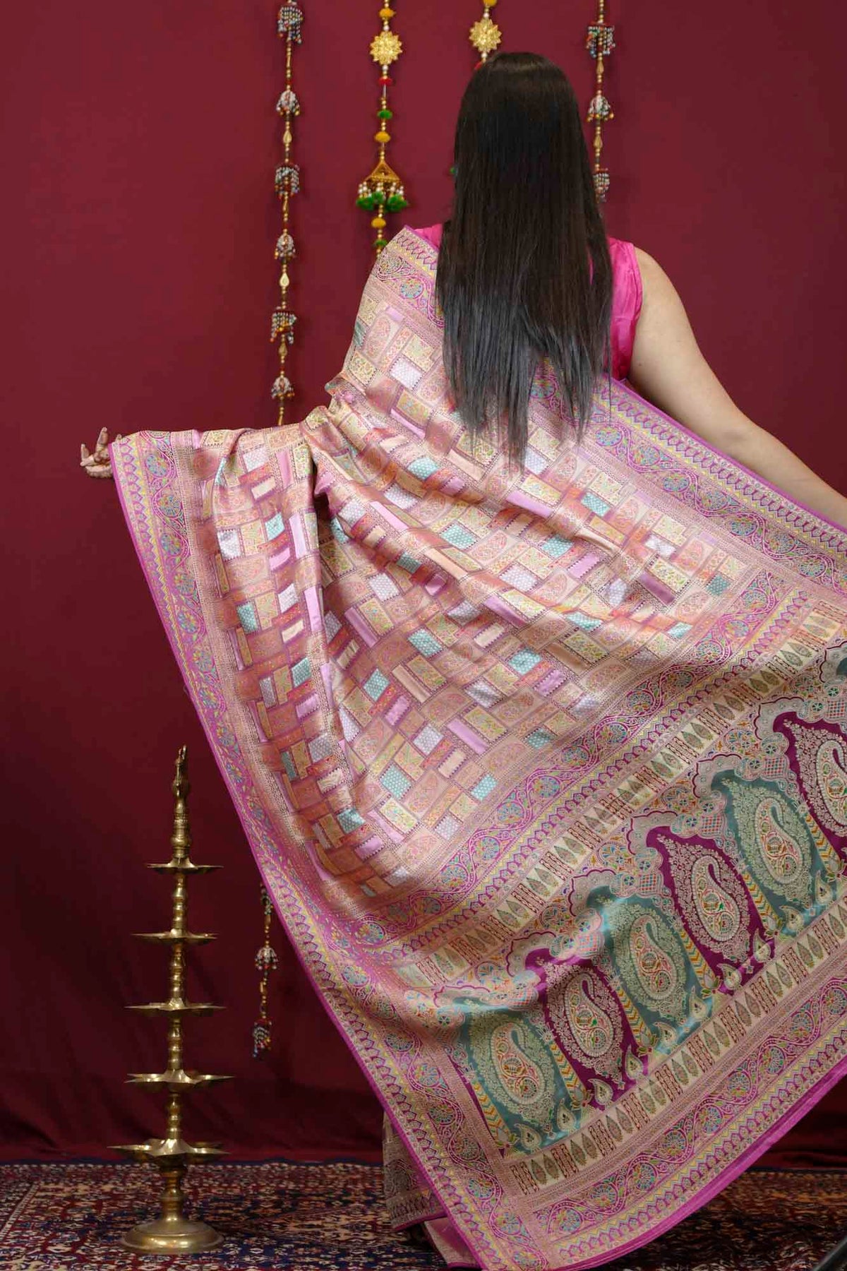 premium soft Silk with Geometric Patchwork prestitch saree