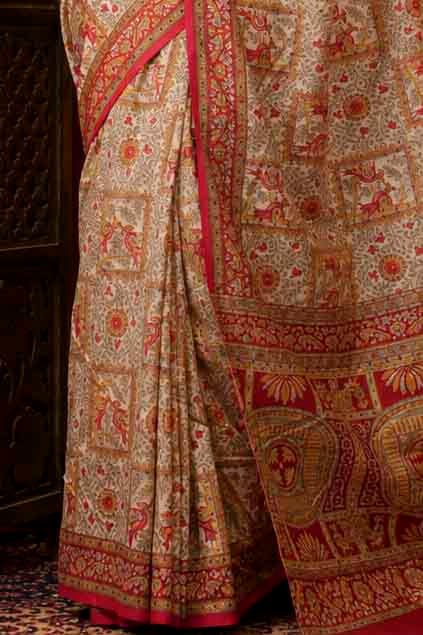 Kalamakari & floral Printed Detailed With Thread And Sequin 1 minute Saree