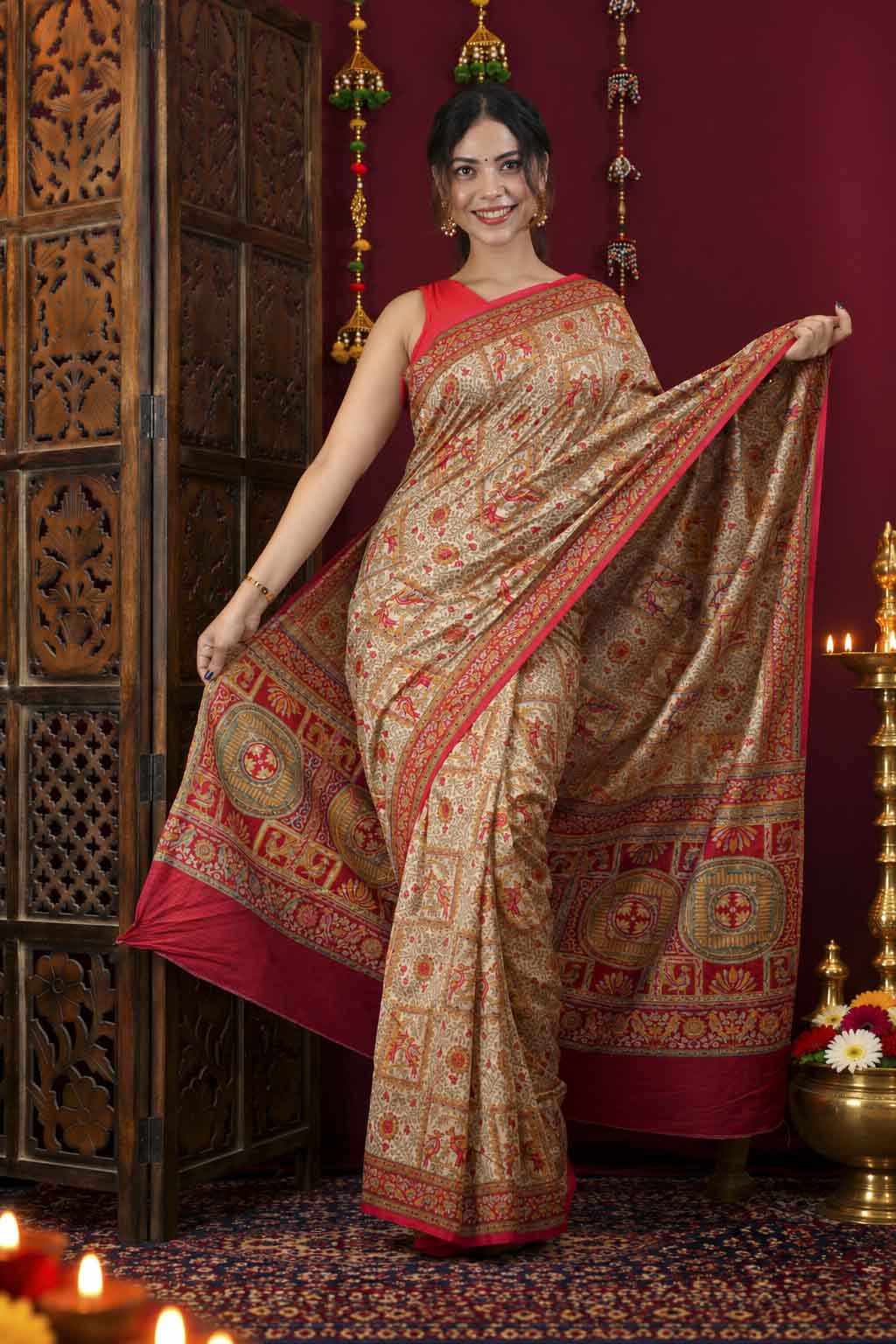 Kalamakari & floral Printed Detailed With Thread And Sequin 1 minute Saree