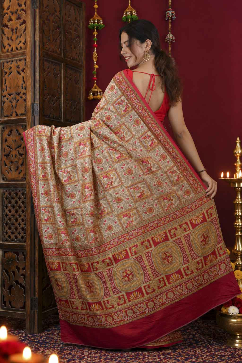 Kalamakari & floral Printed Detailed With Thread And Sequin 1 minute Saree