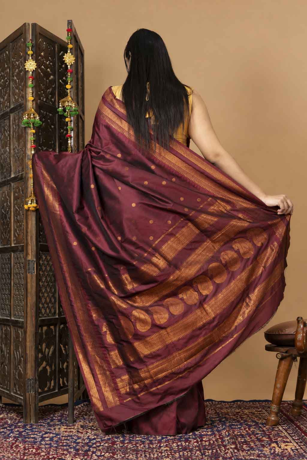 Silk with Gold Zari Checks & Traditional Border Ready To Wear Saree