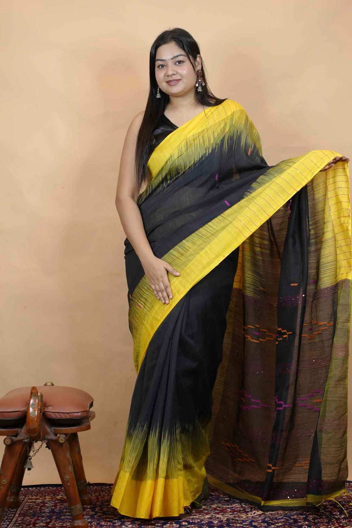 Exquisite Handloom Cotton Kothi with Ikkat Weaving & Temple Border Read To wear Saree