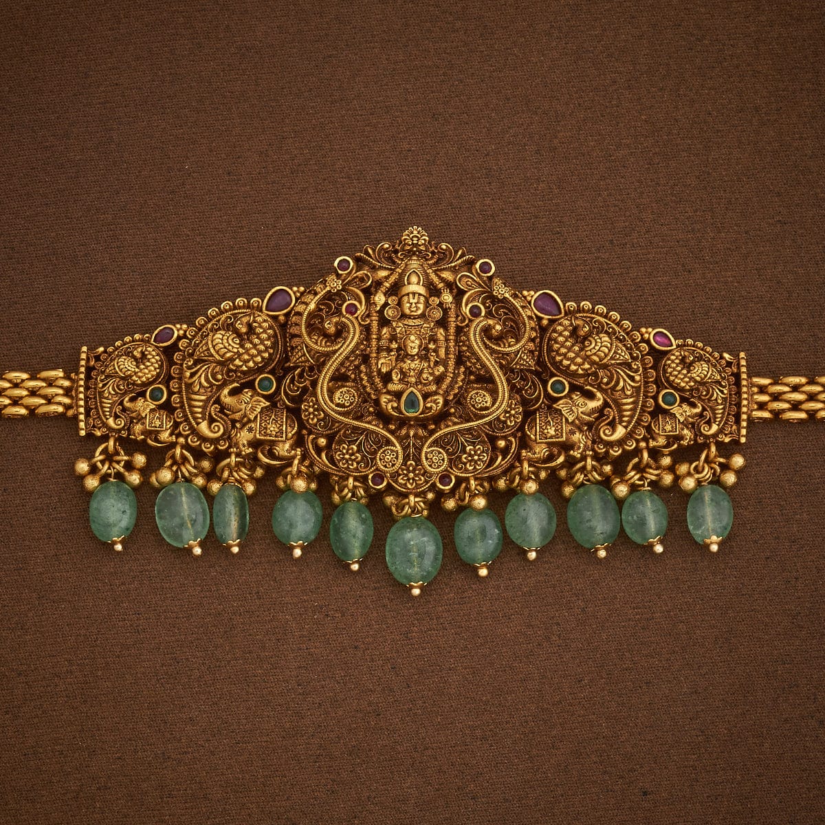 Balaji motif Bajuband with Dangling Beads And Adjustable Chain, Red Stone, Single piece