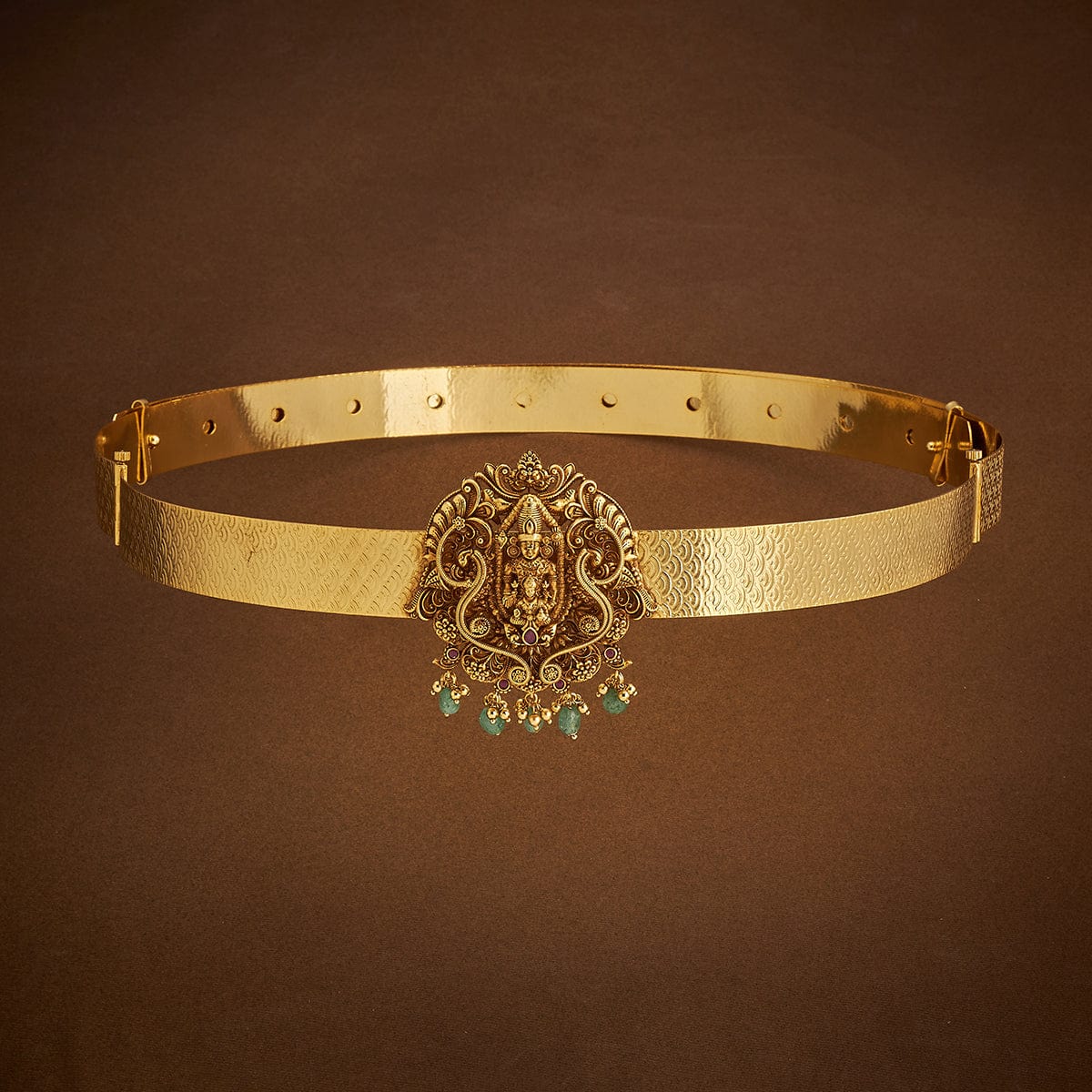 Gold Plated Ethnic Antique Waist Belt with Balaji Motifs and Dangling Beads | SHOBITAM