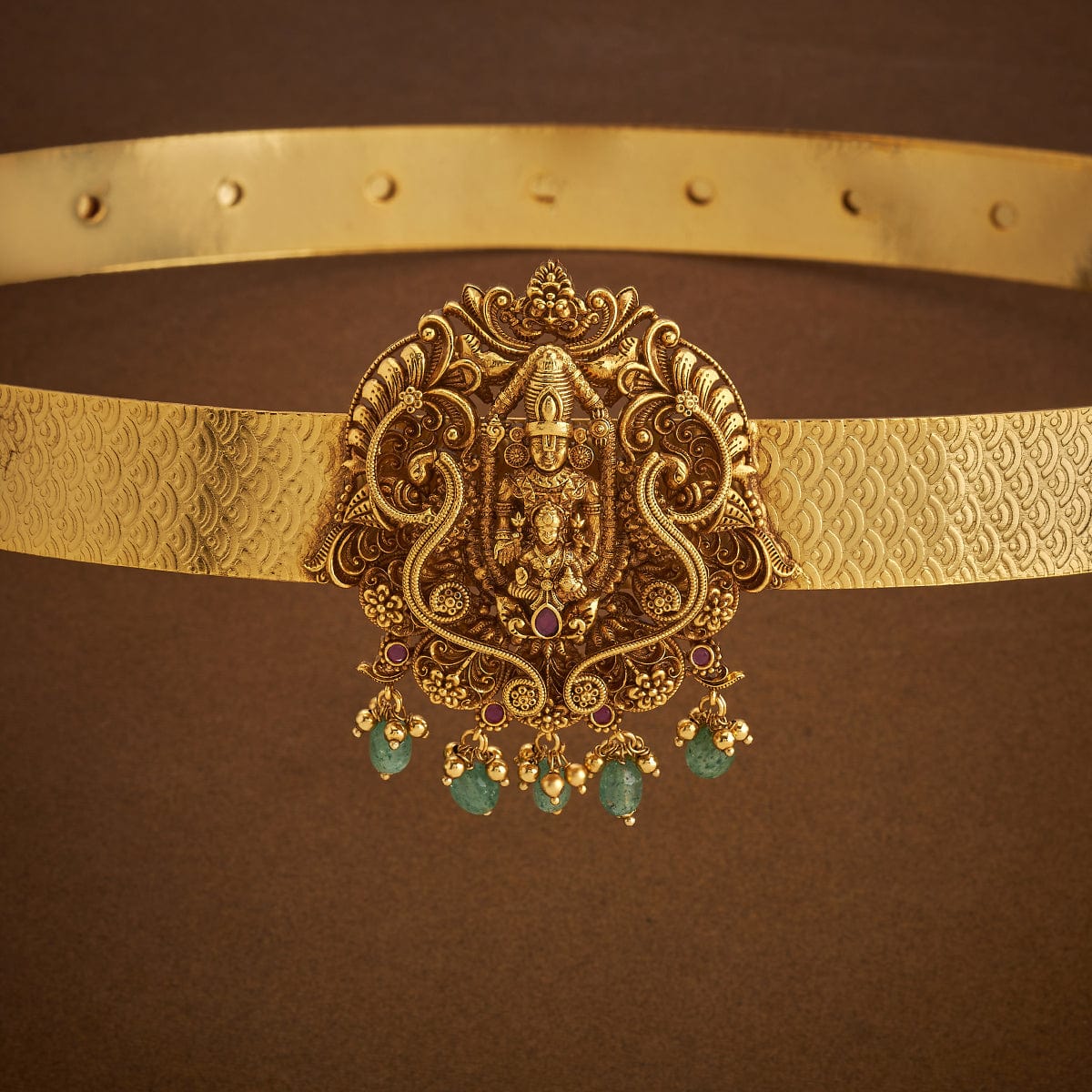 Gold Plated Ethnic Antique Waist Belt with Balaji Motifs and Dangling Beads | SHOBITAM
