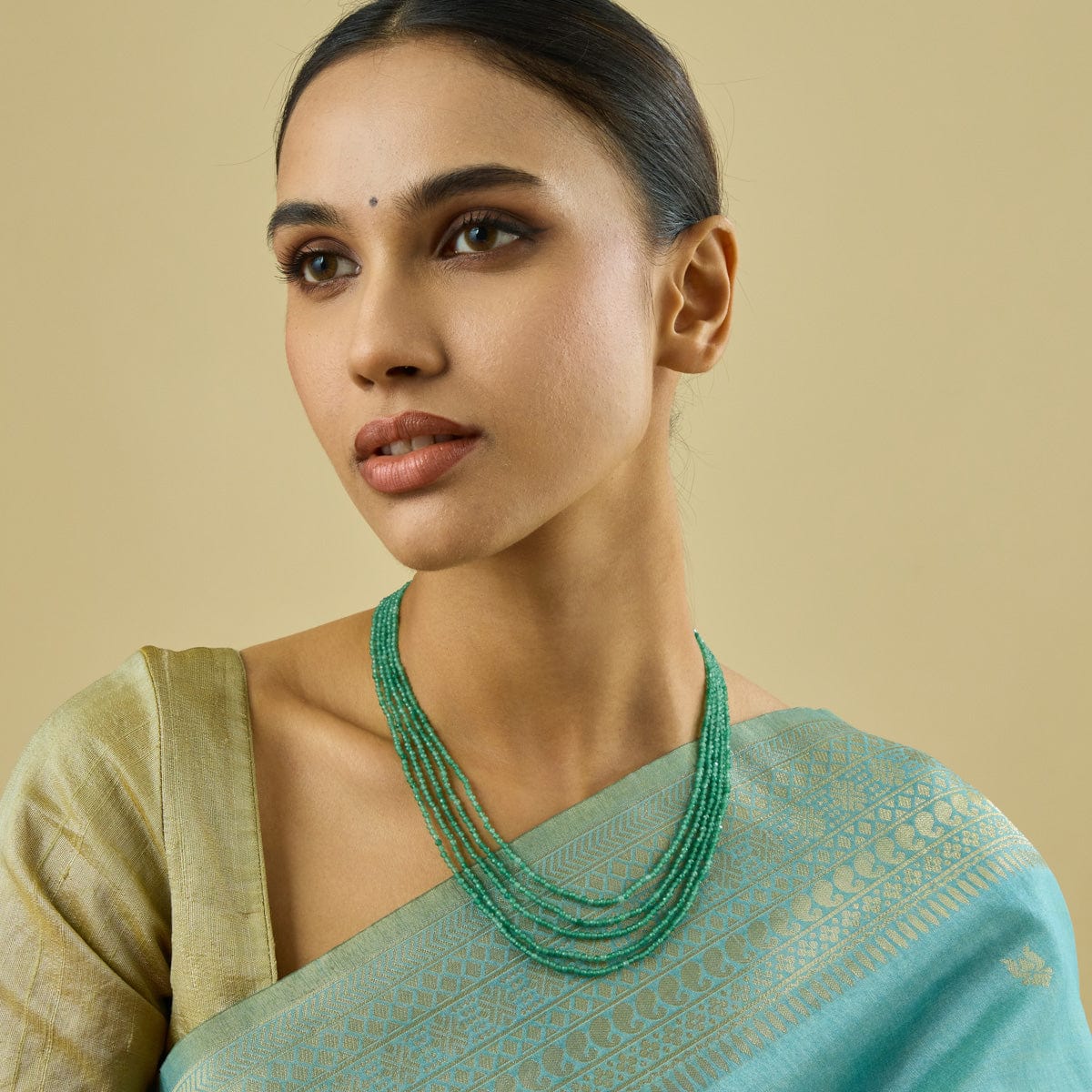 Elegant Five-Strand Green Beads Necklace | Shobitam