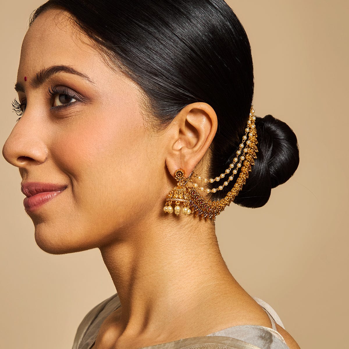 Antique Gold-Plated Floral Design with Stone-Studded and Pearls Layered Matil | SHOBITAM