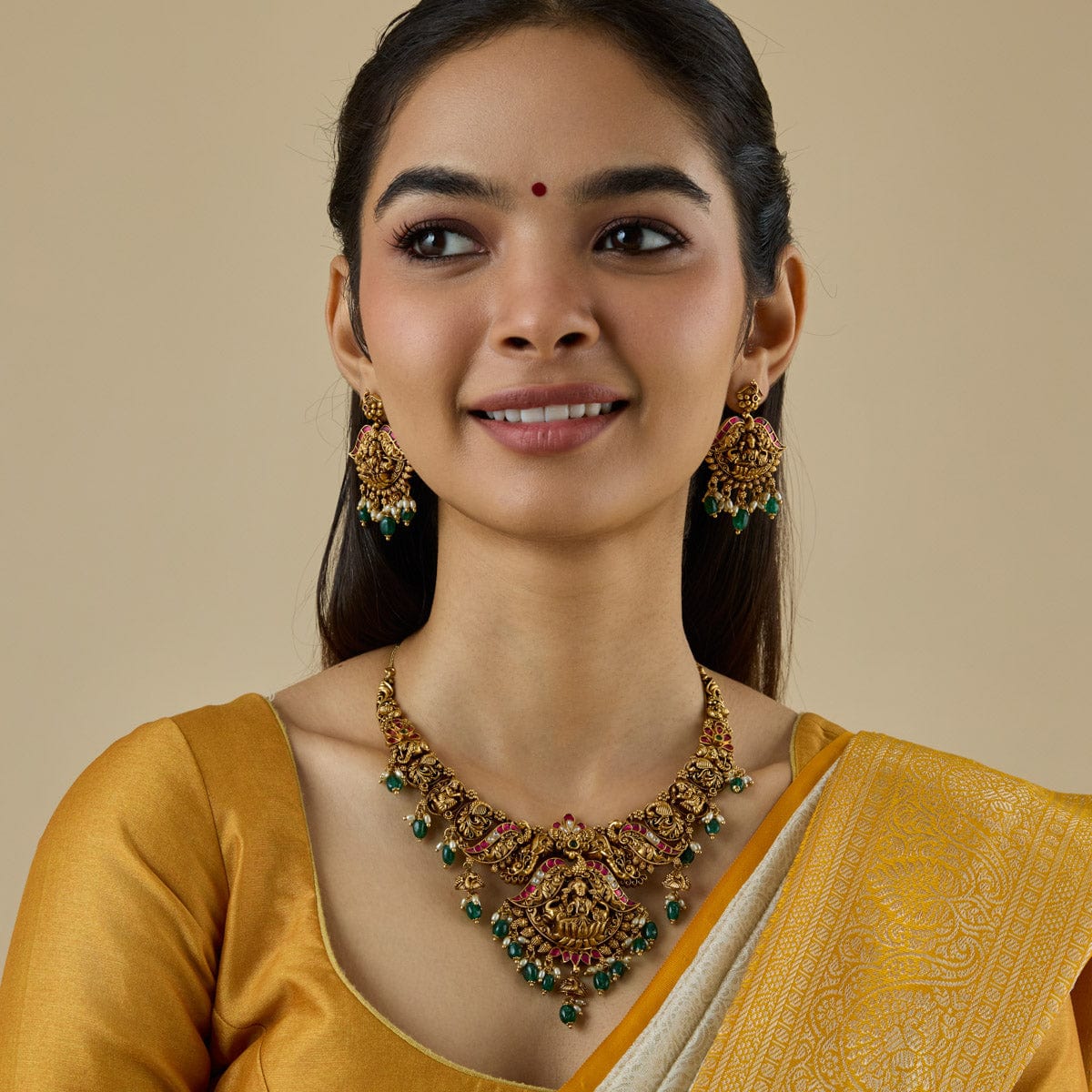 Lakshmi And Elephant Antique Short Necklace Set With Red And Green Stone And Dangling Beads | SHOBITAM