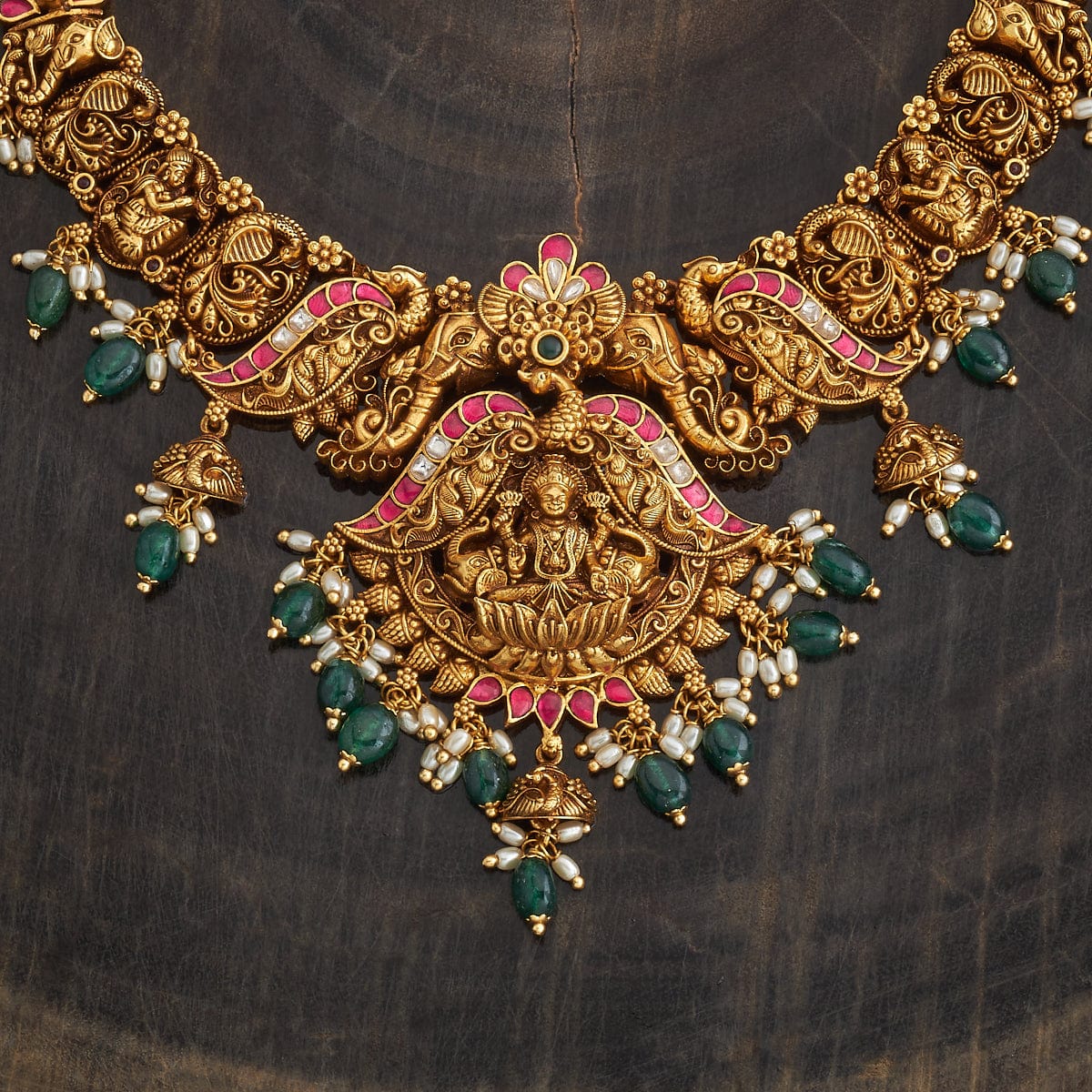 Lakshmi And Elephant Antique Short Necklace Set With Red And Green Stone And Dangling Beads | SHOBITAM