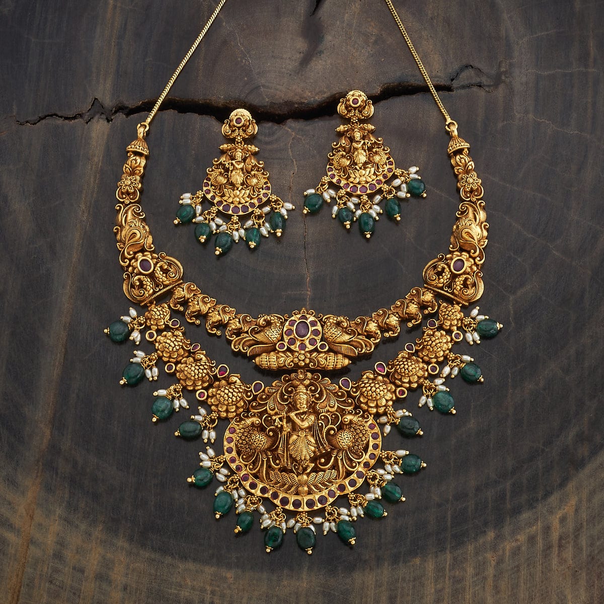 Double Layered Sri Krishna And Peacock Antique Short Necklace Set With Red Stone And Dangling Beads And Pearls | SHOBITAM