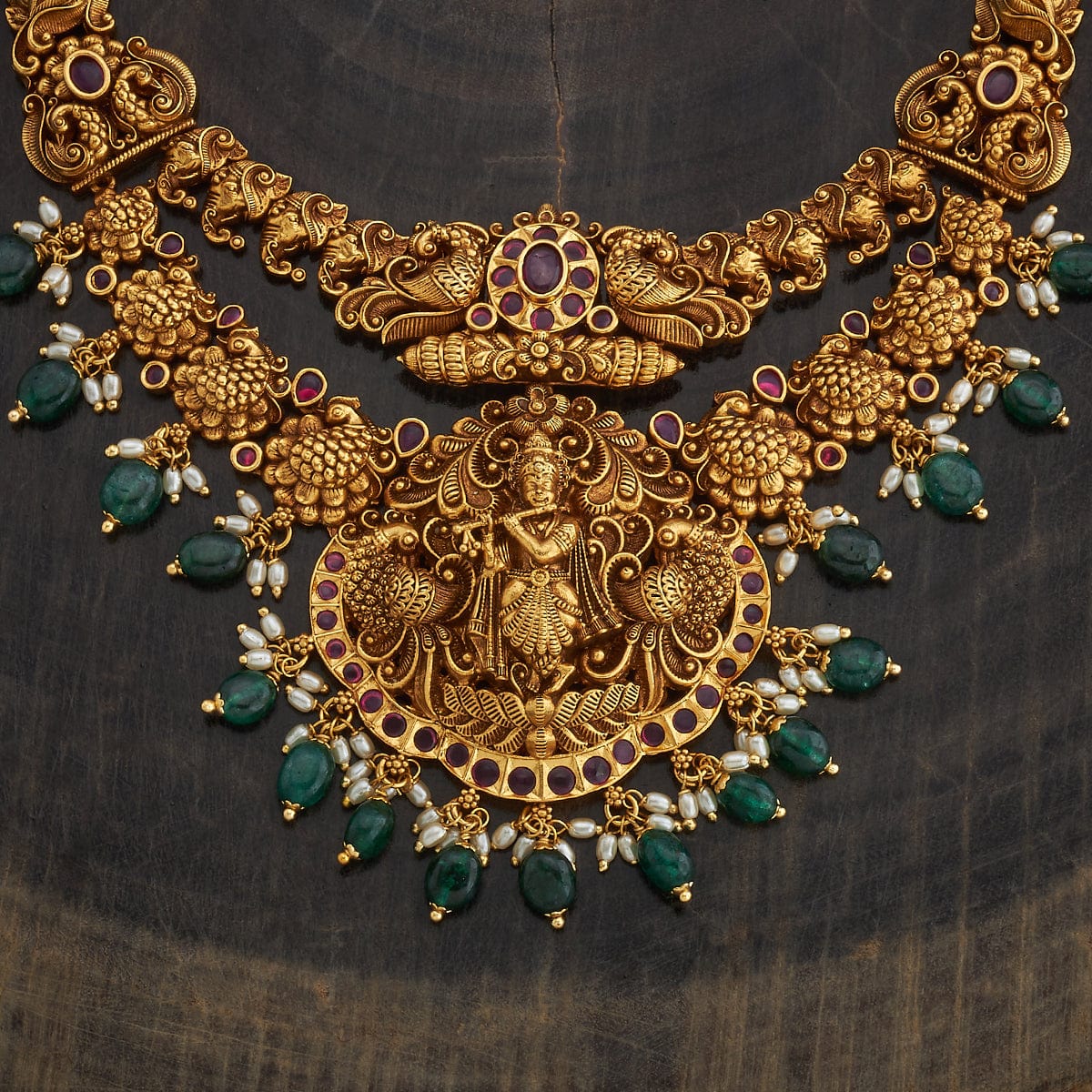 Double Layered Sri Krishna And Peacock Antique Short Necklace Set With Red Stone And Dangling Beads And Pearls | SHOBITAM