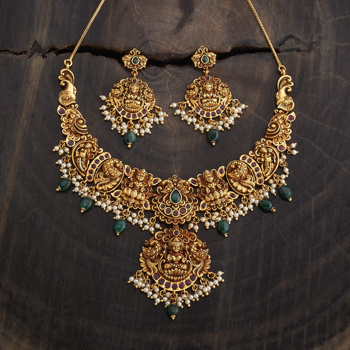 Peacock And Lakshmi Antique Short Necklace Set With Red-green Stone And Dangling Beads And Pearls | SHOBITAM