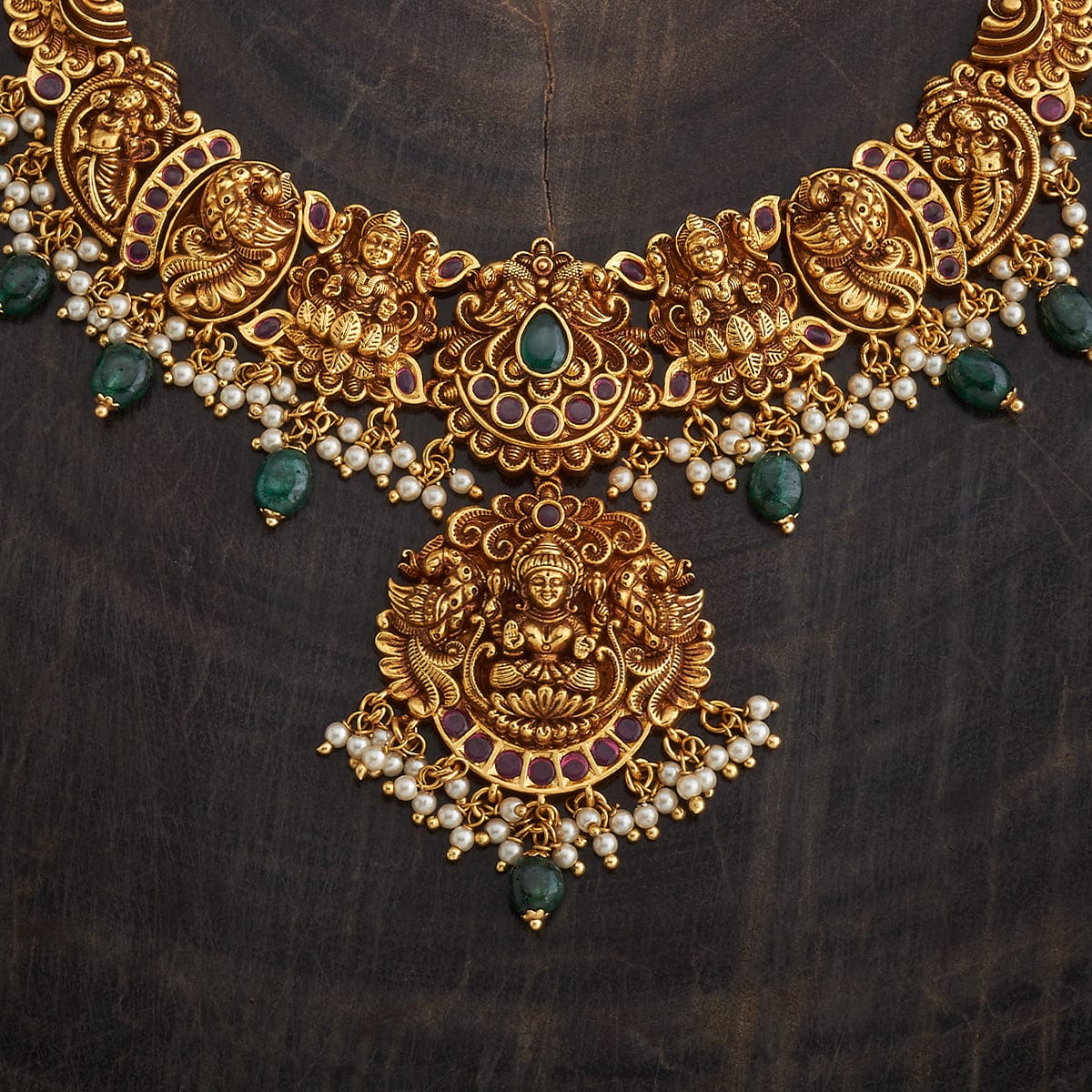 Peacock And Lakshmi Antique Short Necklace Set With Red-green Stone And Dangling Beads And Pearls | SHOBITAM
