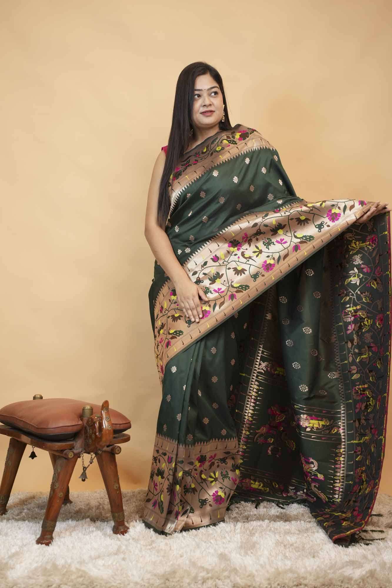 Beautiful Paithani Bottle Green With Madhubani Art & Buttis Overall Pre Draped Saree