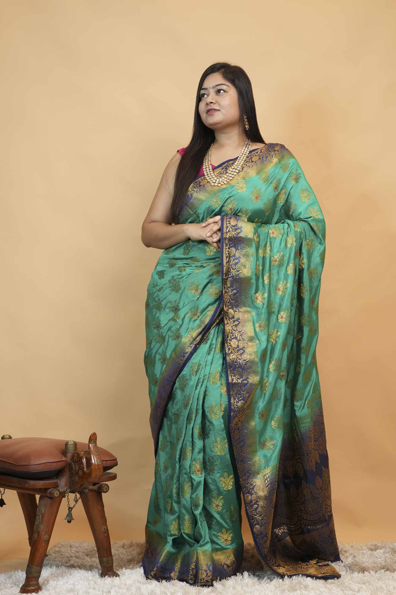 Premium Turquoise Banarasi Silk with Gold Zari Buti & Rich Woven Pallu Ready To Wear Saree
