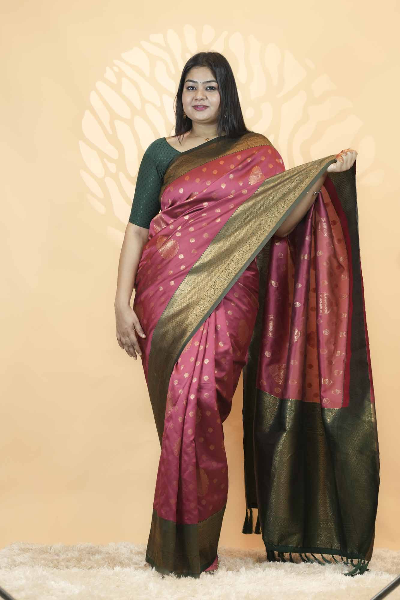 Banarasi Silk Inspired with Gold Zari Buti, Rich Woven Border & Tassel Ready To Wear Saree