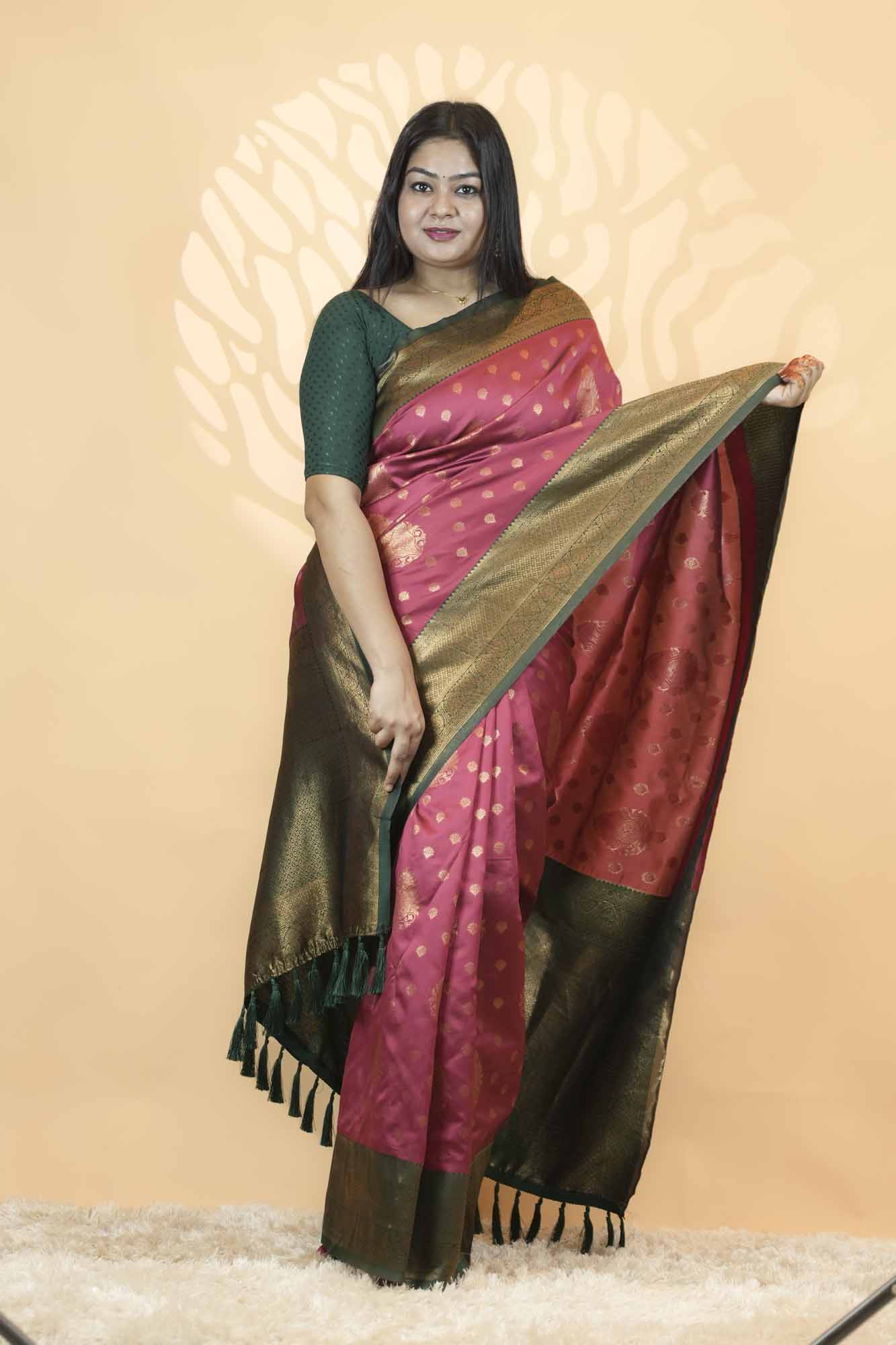 Banarasi Silk Inspired with Gold Zari Buti, Rich Woven Border & Tassel Ready To Wear Saree
