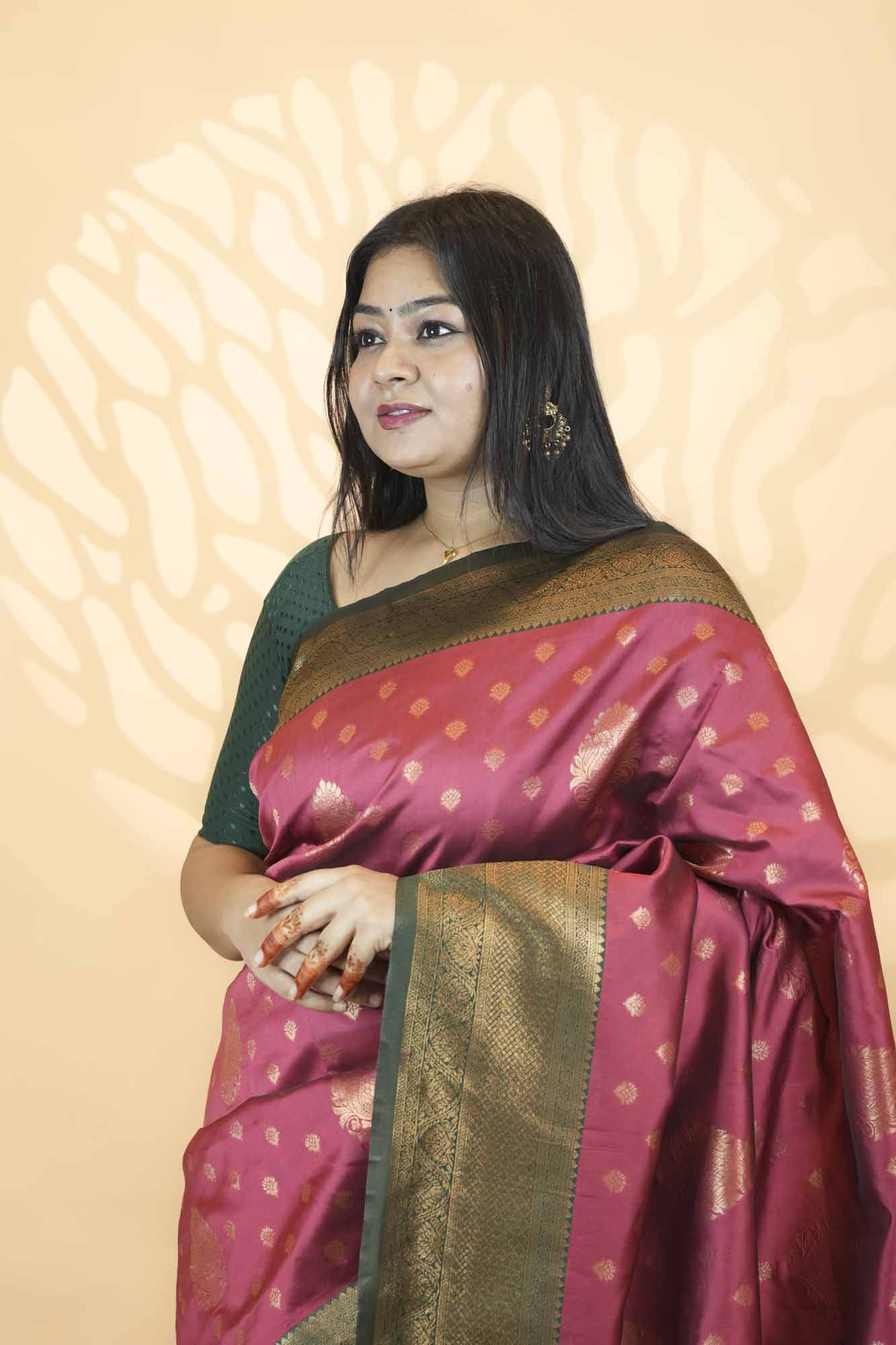 Banarasi Silk Inspired with Gold Zari Buti, Rich Woven Border & Tassel Ready To Wear Saree