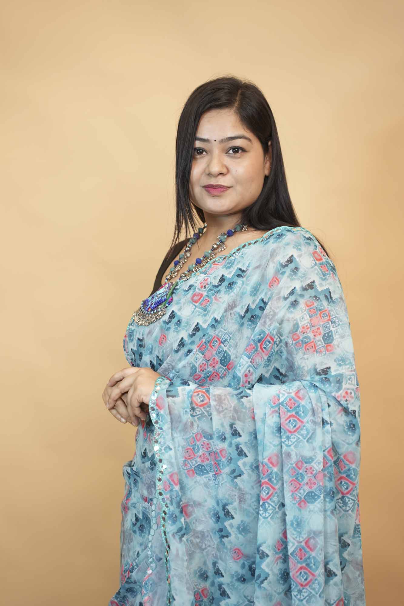 Sky Blue Printed Georgette With Geometric Design Prestitch Saree
