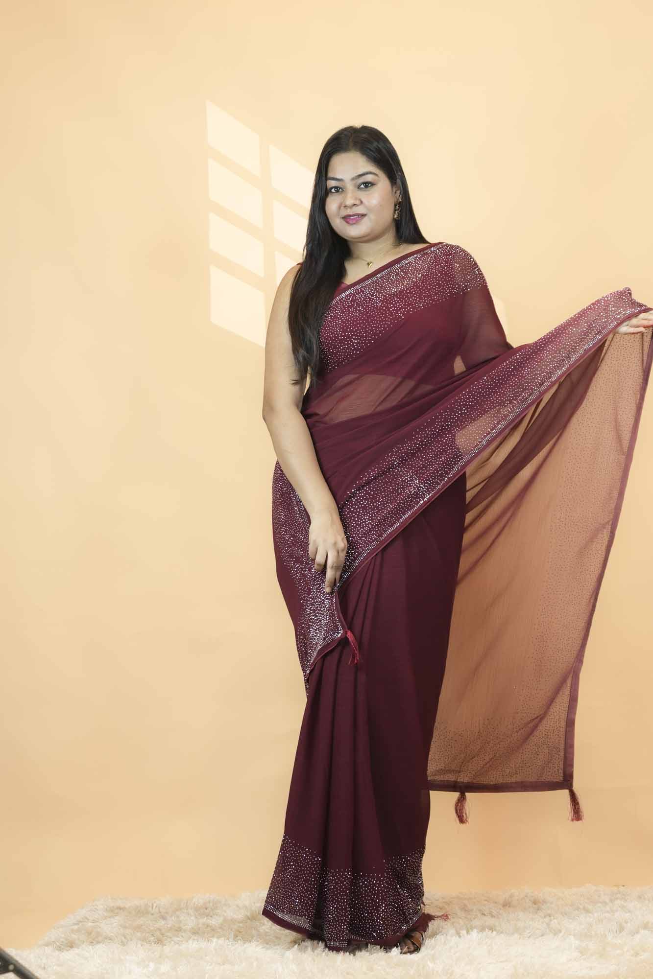 Wine with Premium Stone Embellished Border Ready-to-Wear Saree