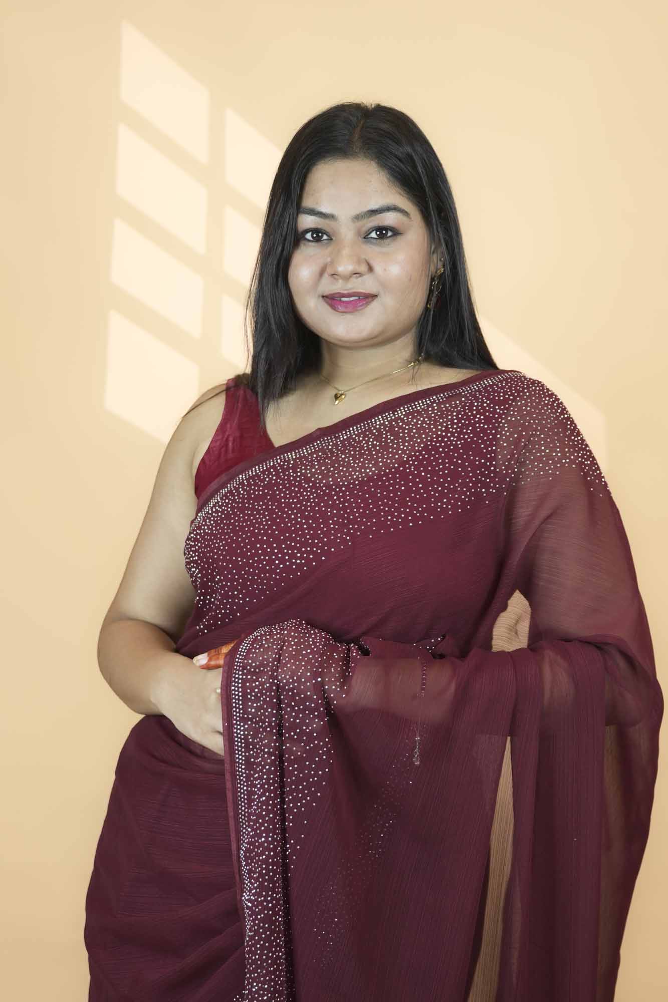 Wine with Premium Stone Embellished Border Ready-to-Wear Saree