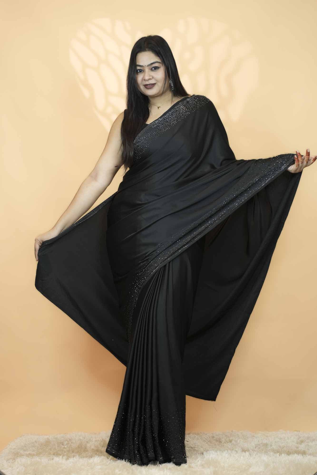 Elegant Black with Premium Stone Embellished Border Ready-to-Wear Saree