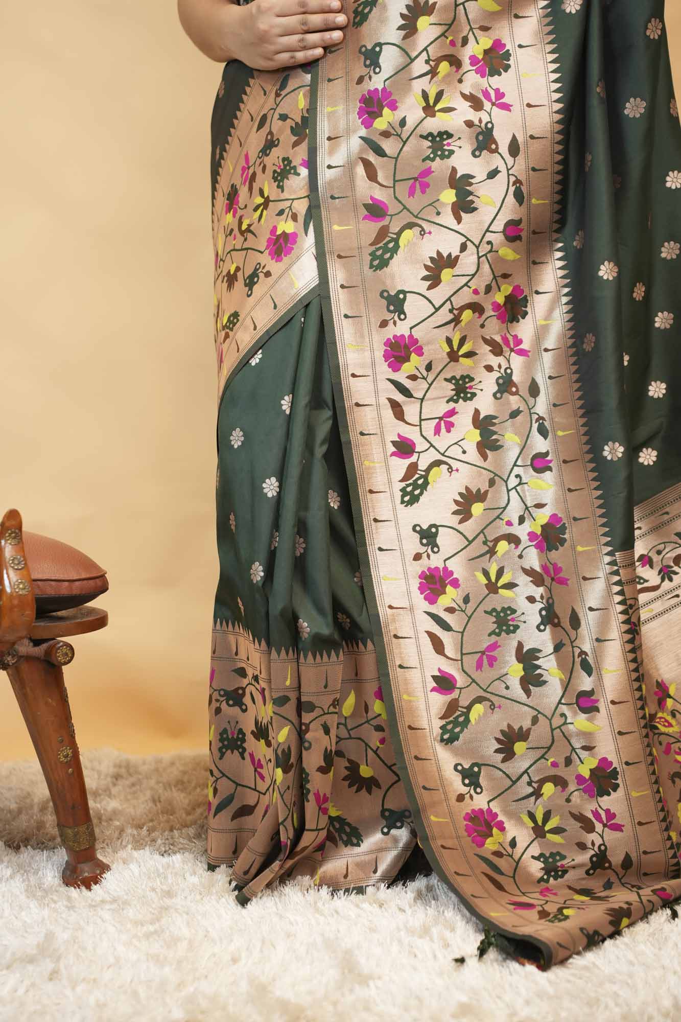 Beautiful Paithani Bottle Green With Madhubani Art & Buttis Overall Pre Draped Saree