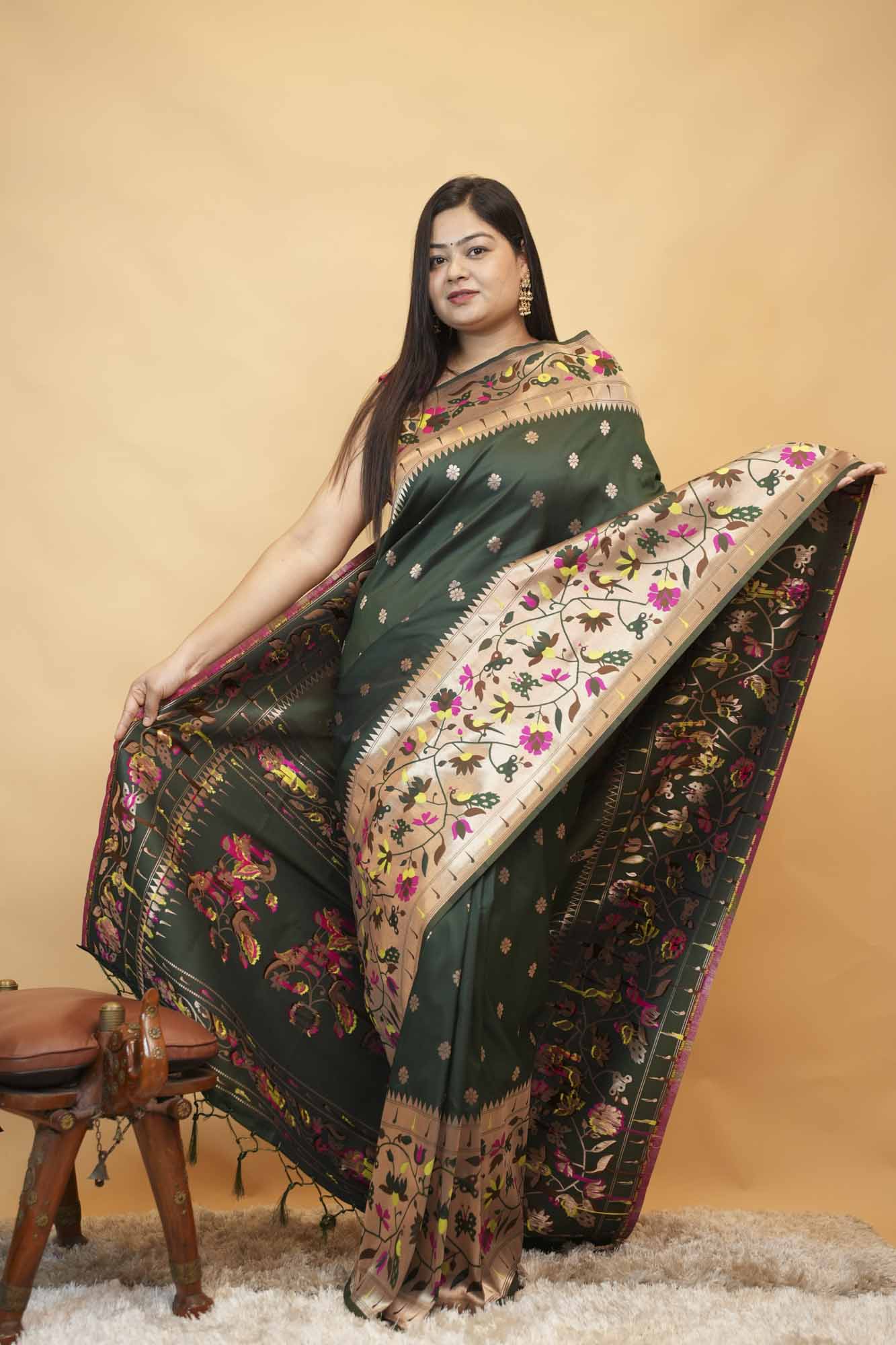 Beautiful Paithani Bottle Green With Madhubani Art & Buttis Overall Pre Draped Saree