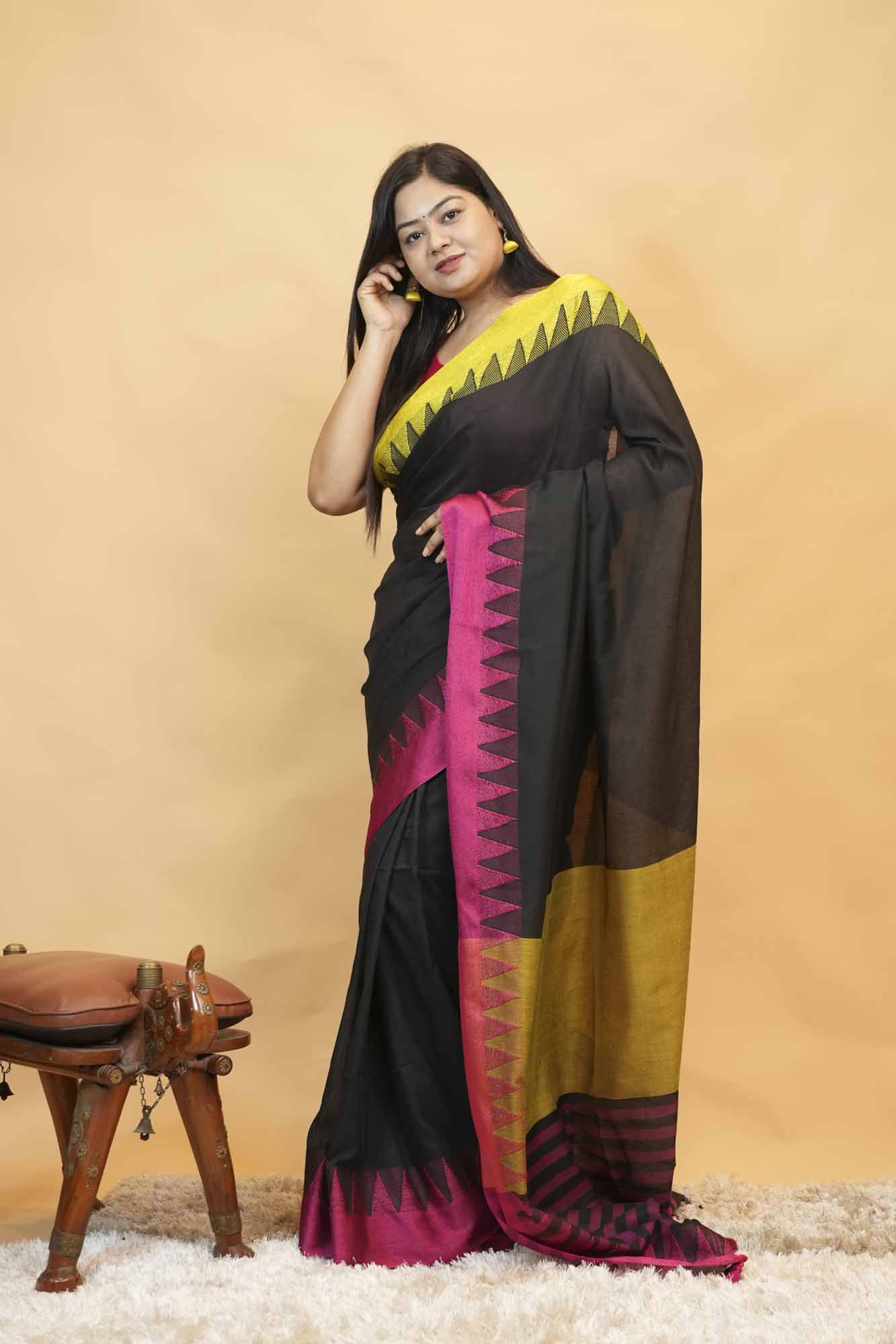 Elegant Black Cotton with Contrast Pink & Yellow Woven Border Predrape Saree
