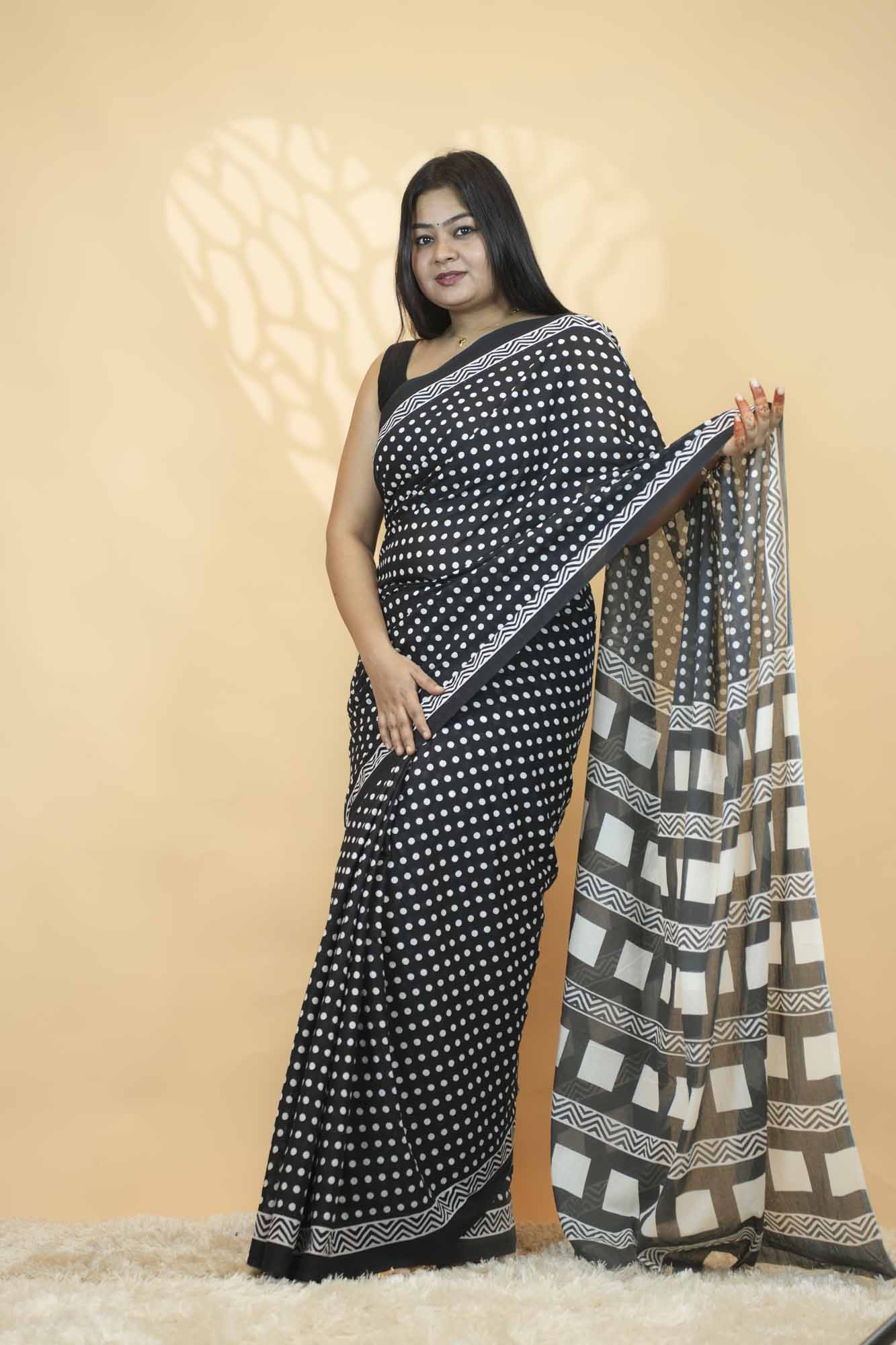Black & White Polka Dot Printed Ready To Wear Saree