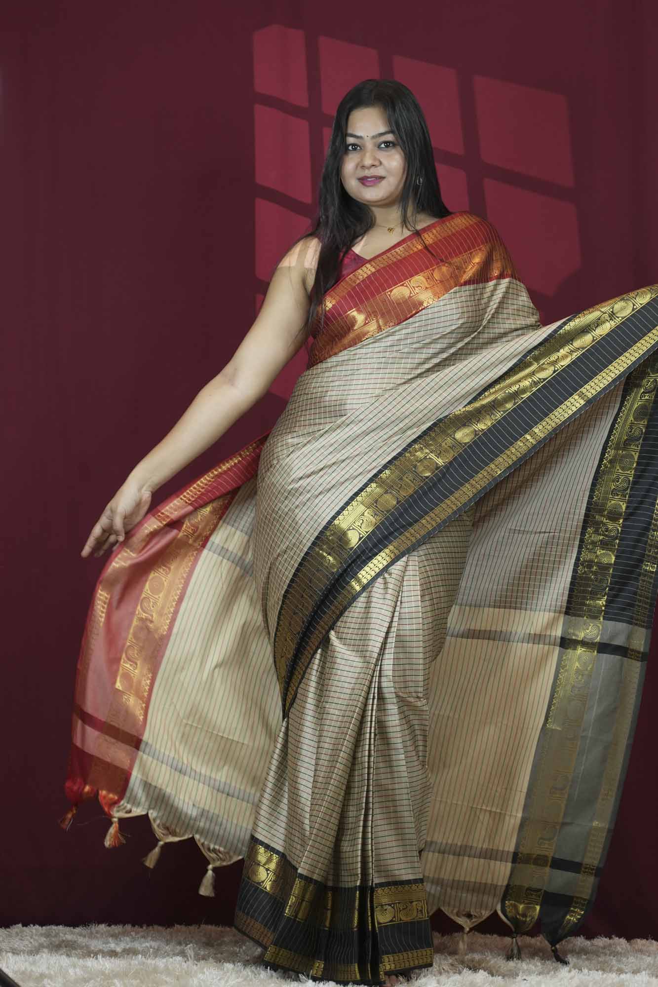 Woven Kanchipuram Silk Blend with Contrast Temple Border With Rich Zari Weave Ready To Wear Saree