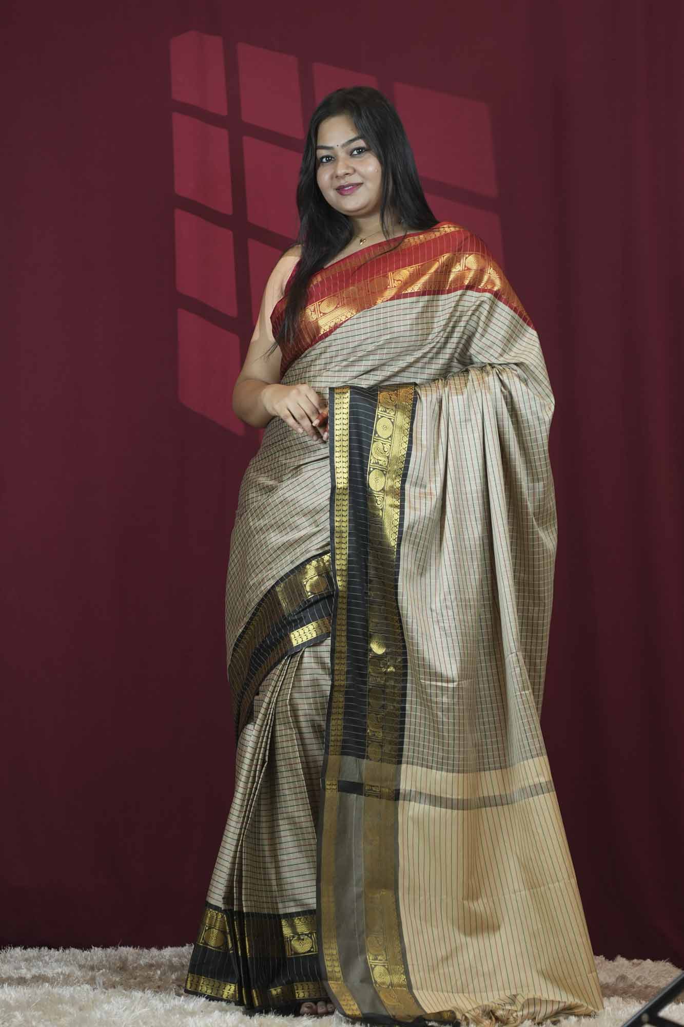 Woven Kanchipuram Silk Blend with Contrast Temple Border With Rich Zari Weave Ready To Wear Saree