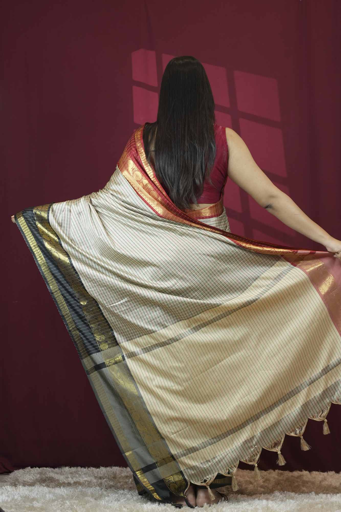 Woven Kanchipuram Silk Blend with Contrast Temple Border With Rich Zari Weave Ready To Wear Saree