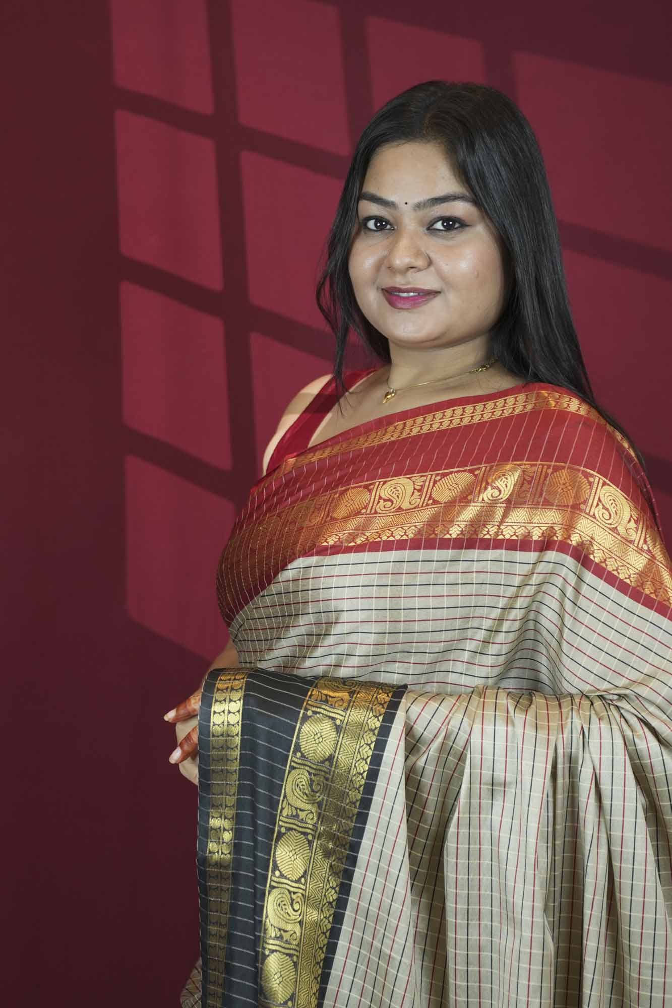 Woven Kanchipuram Silk Blend with Contrast Temple Border With Rich Zari Weave Ready To Wear Saree