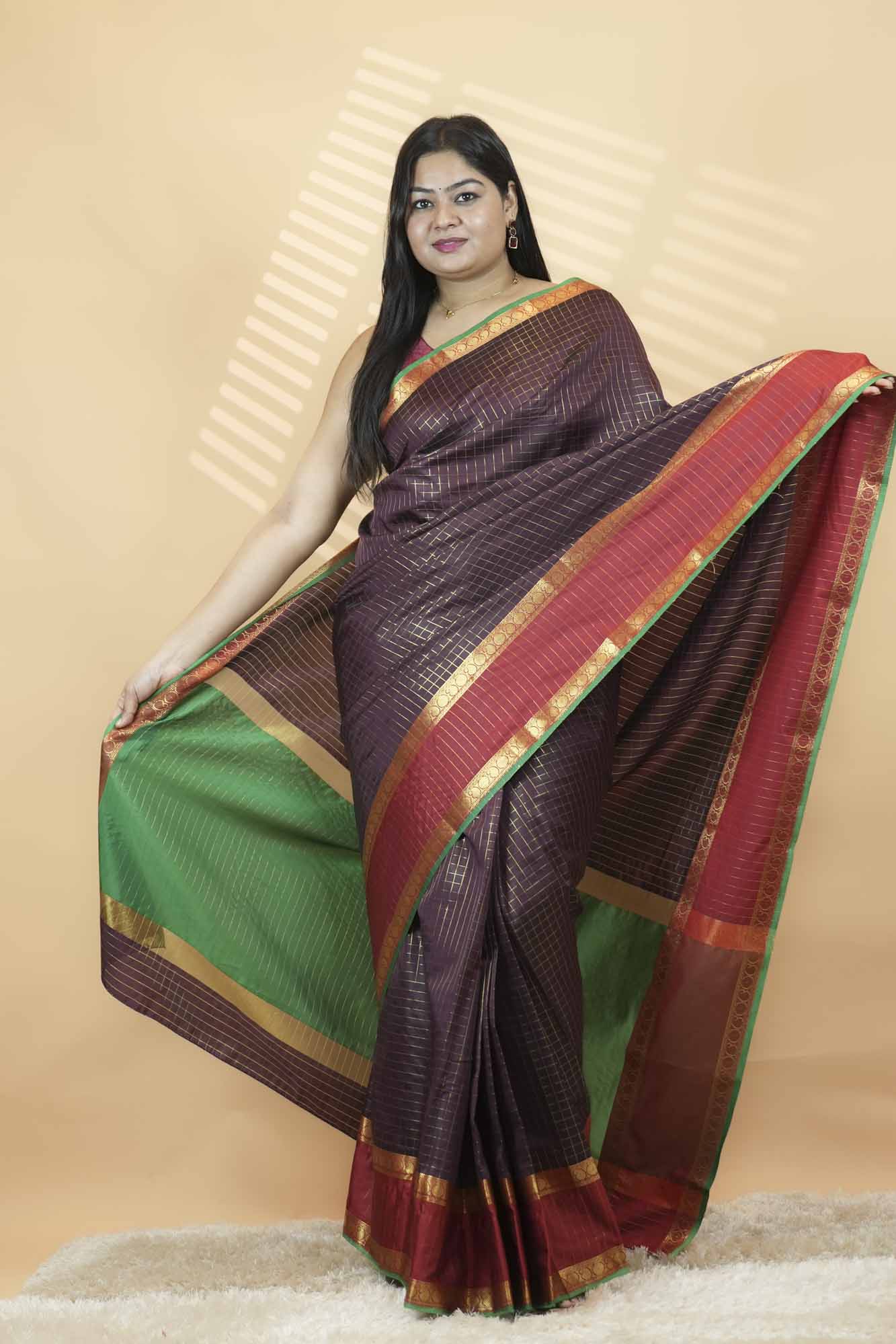 Maroon & Emerald Green Traditional Zari Border Silk Blend Ready To Wear Saree