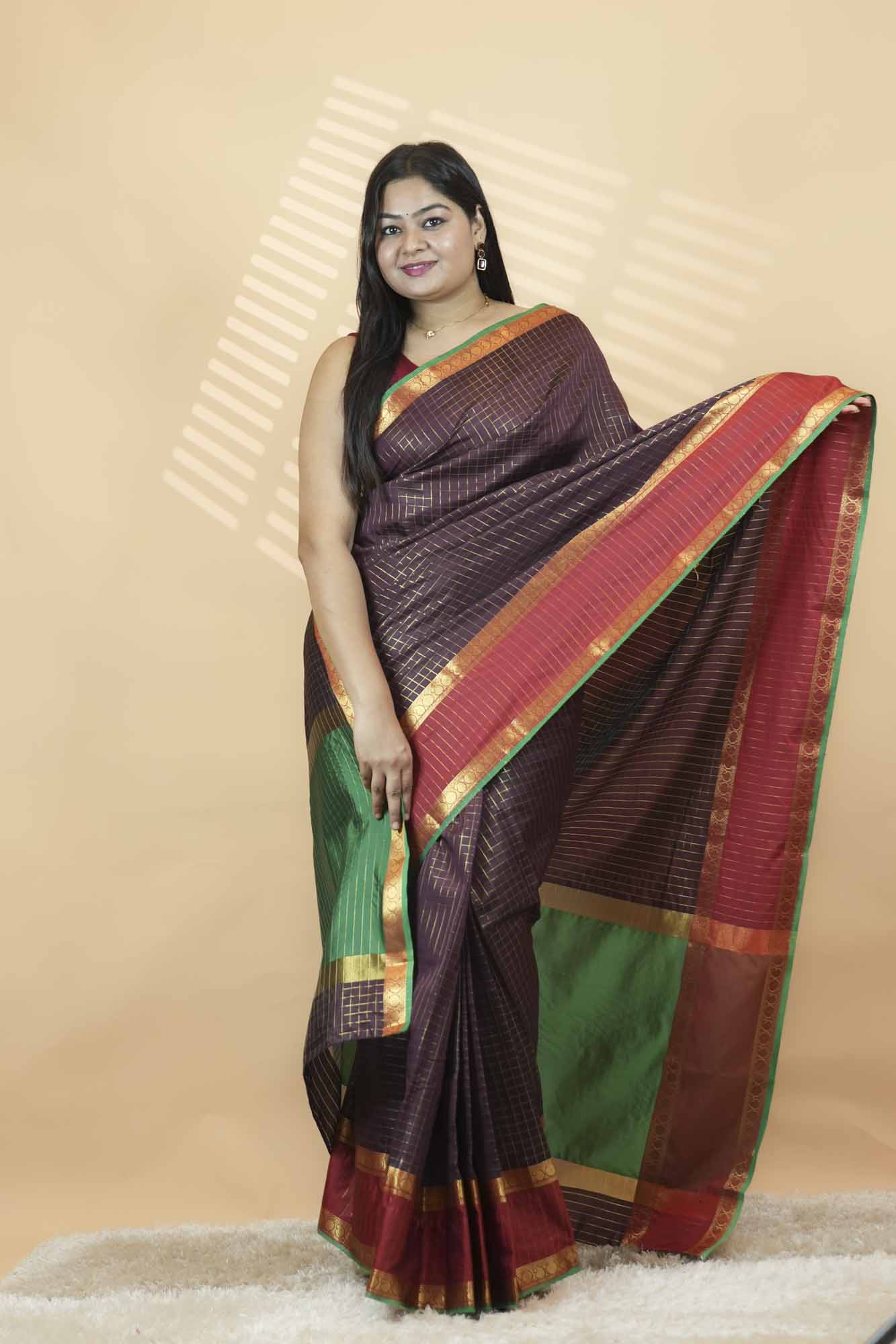 Maroon & Emerald Green Traditional Zari Border Silk Blend Ready To Wear Saree