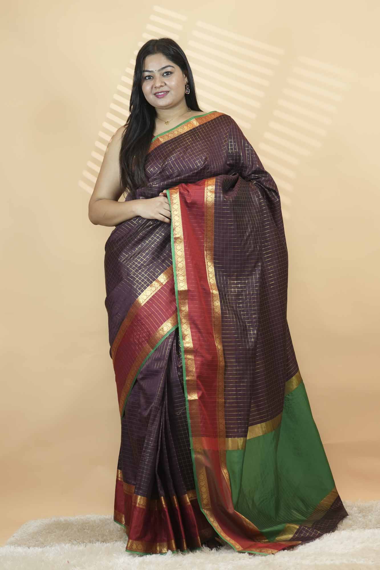 Maroon & Emerald Green Traditional Zari Border Silk Blend Ready To Wear Saree