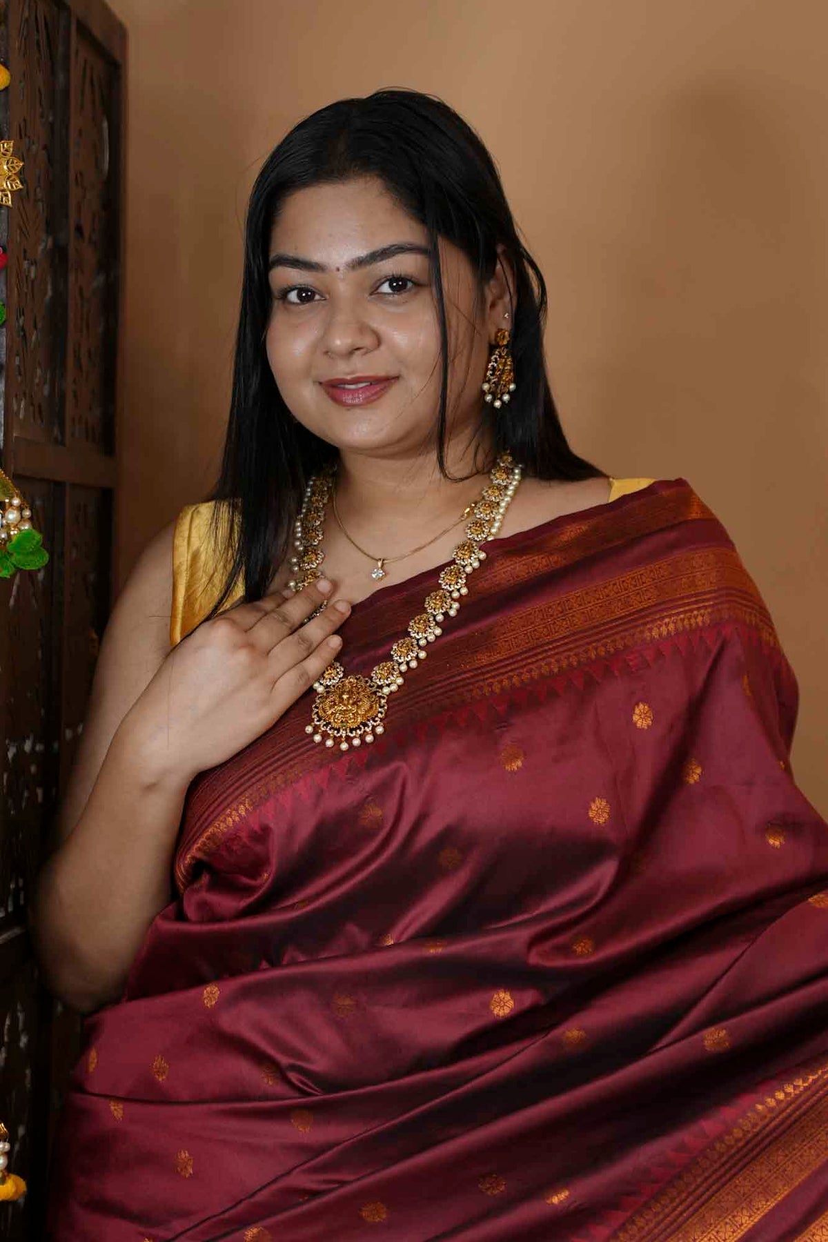Silk with Gold Zari Checks & Traditional Border Ready To Wear Saree