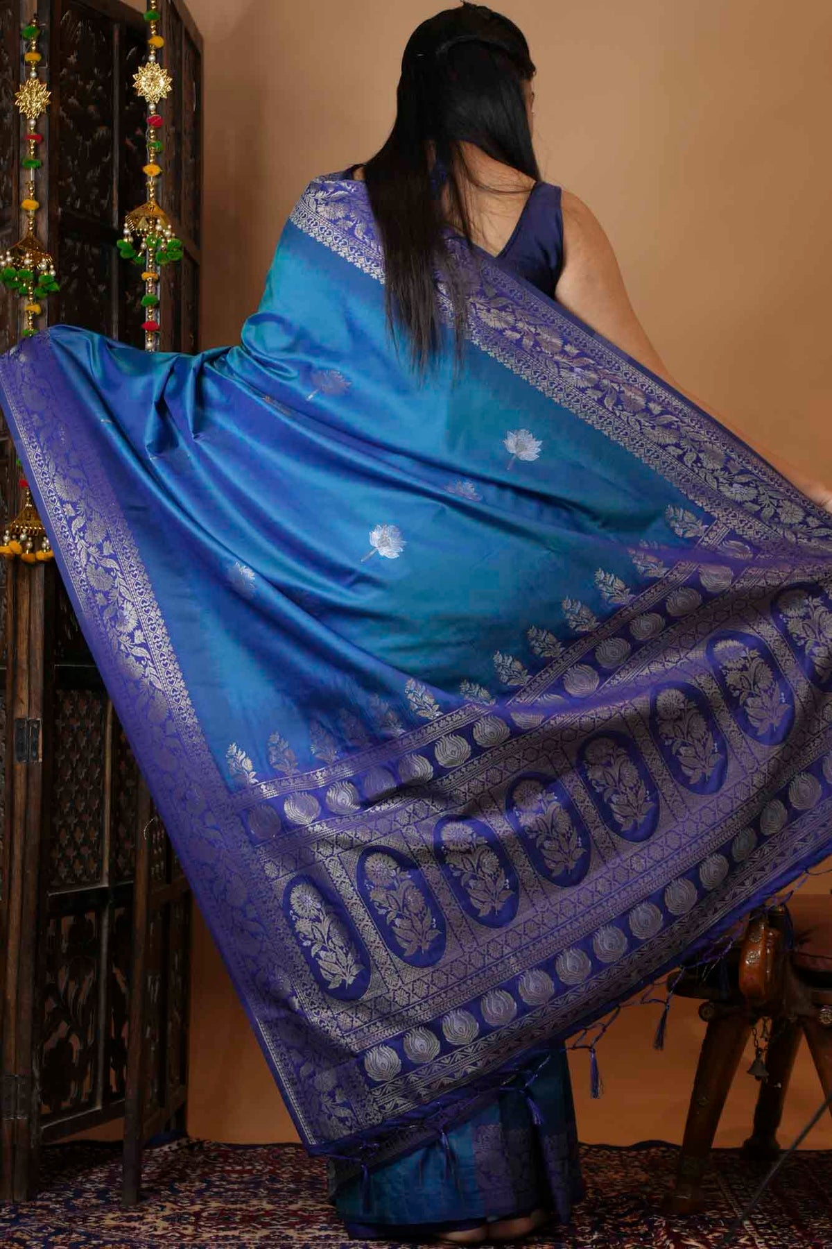 Teal Blue Woven Silk with Zari Peacock Border Ready To Wear Saree