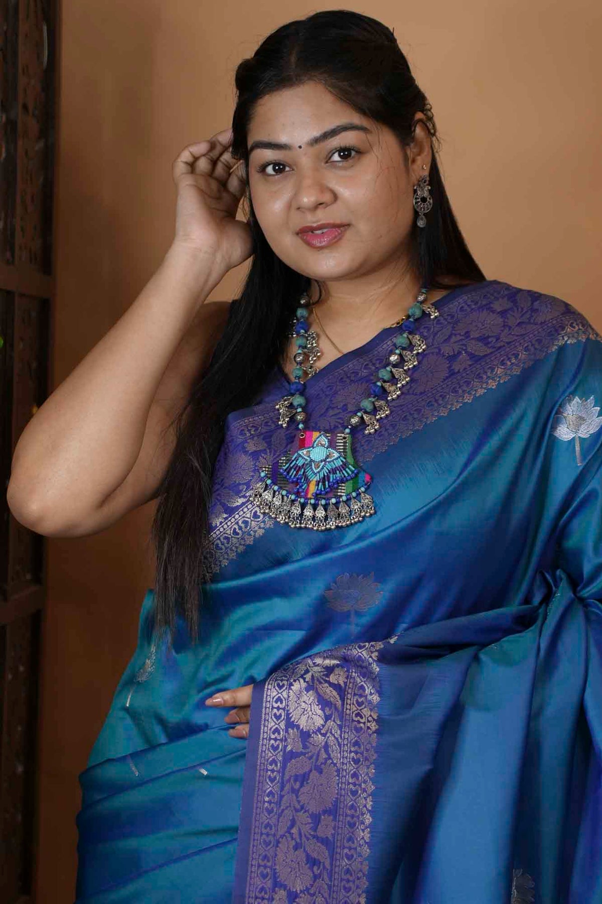 Teal Blue Woven Silk with Zari Peacock Border Ready To Wear Saree