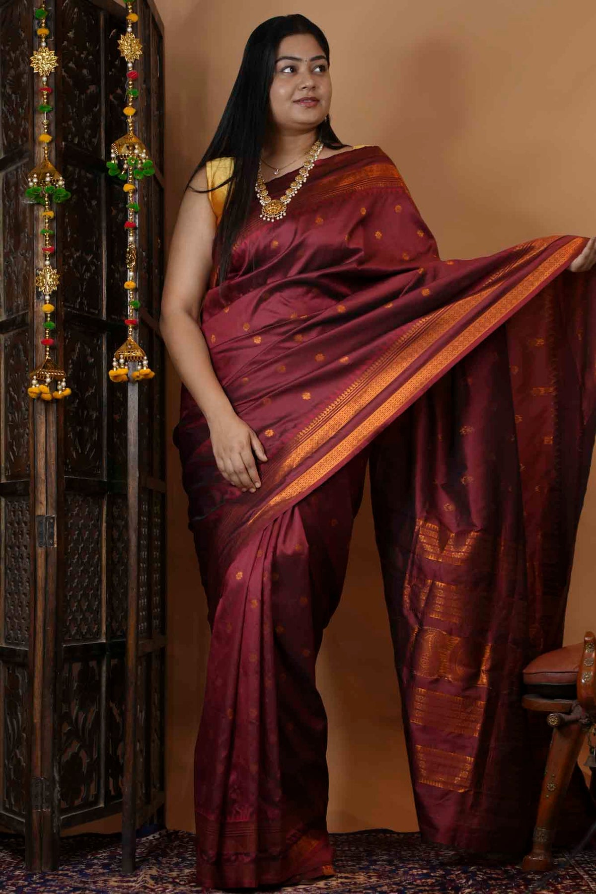 Silk with Gold Zari Checks & Traditional Border Ready To Wear Saree