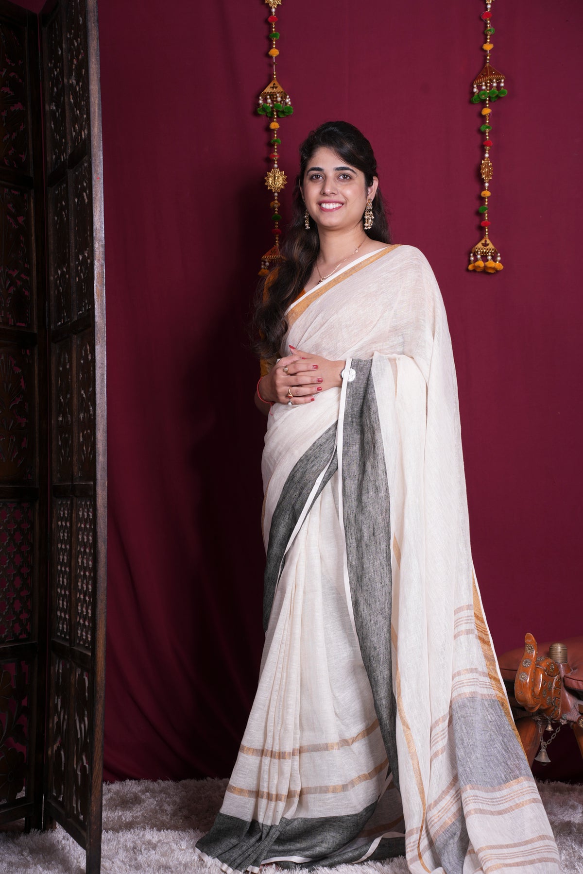 Off-White Linen with Black & Golden Contrast Border Ready To Wear Saree