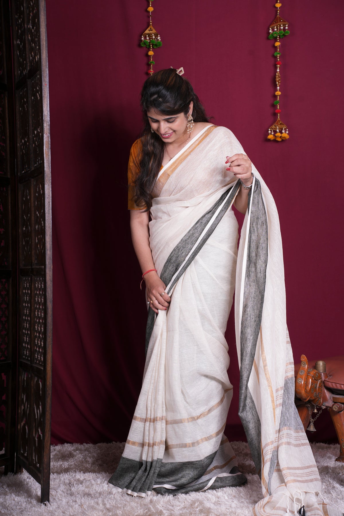 Off-White Linen with Black & Golden Contrast Border Ready To Wear Saree