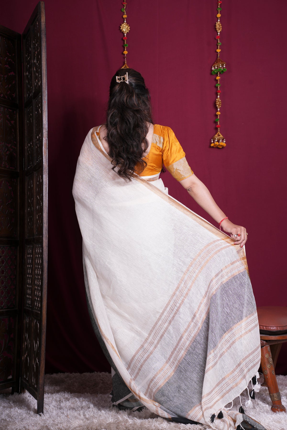 Off-White Linen with Black & Golden Contrast Border Ready To Wear Saree