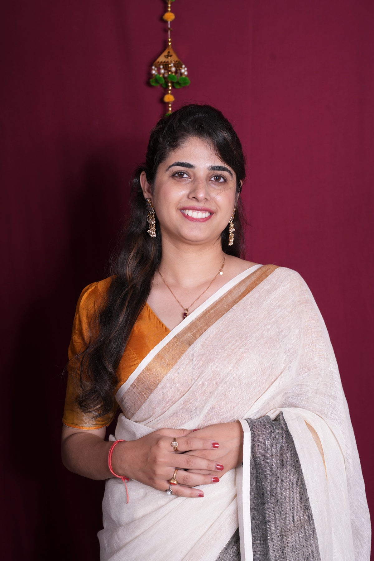 Off-White Linen with Black & Golden Contrast Border Ready To Wear Saree