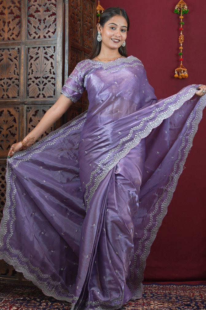 Lavender Traditional Sequin & Zari Embroidered With Pure Crystal Silk Chiffon silk Wrap in 1 minute saree