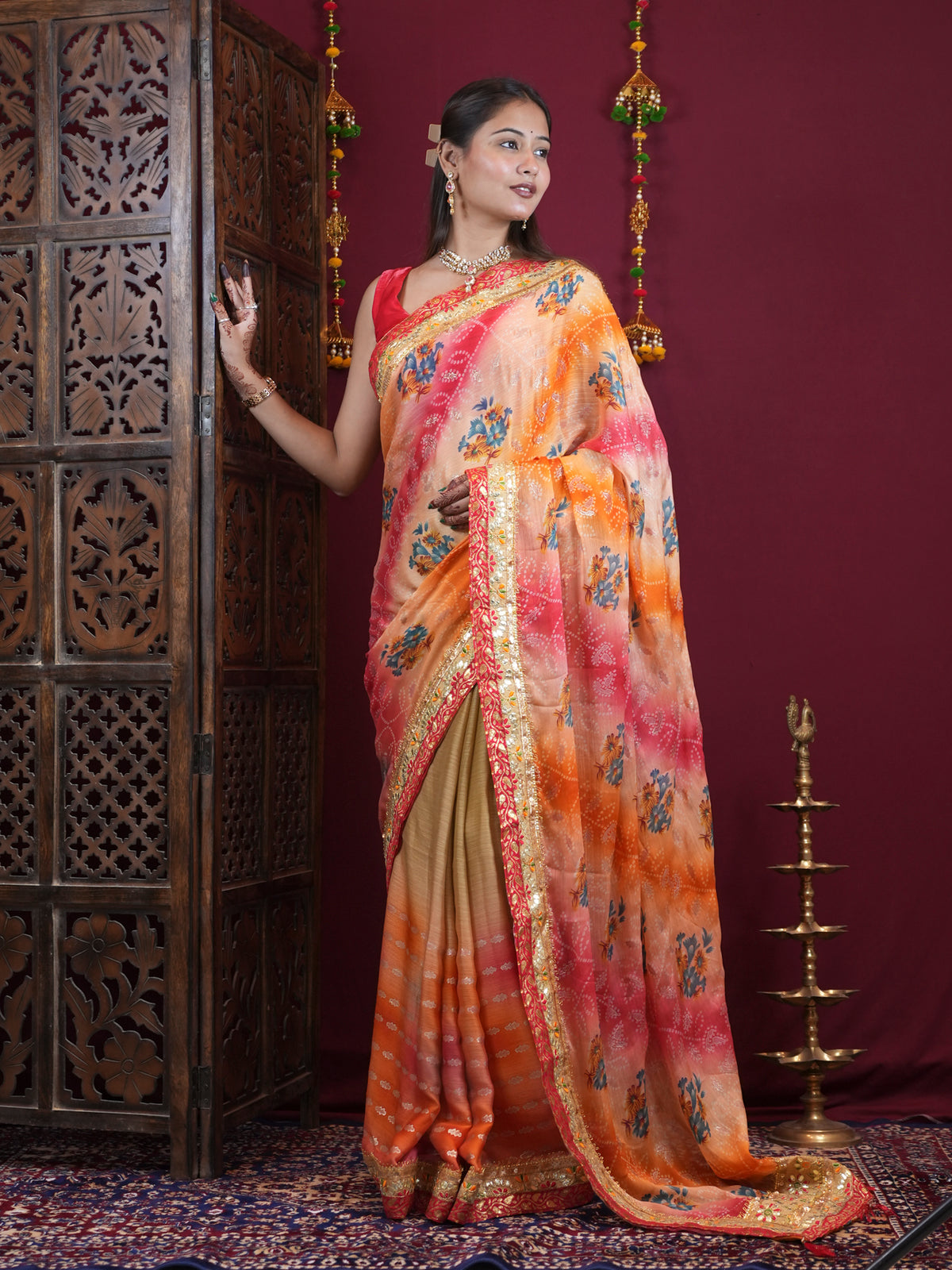 Peach & Coral Floral Printed Georgette with Embellished Border Ready To Wear Saree